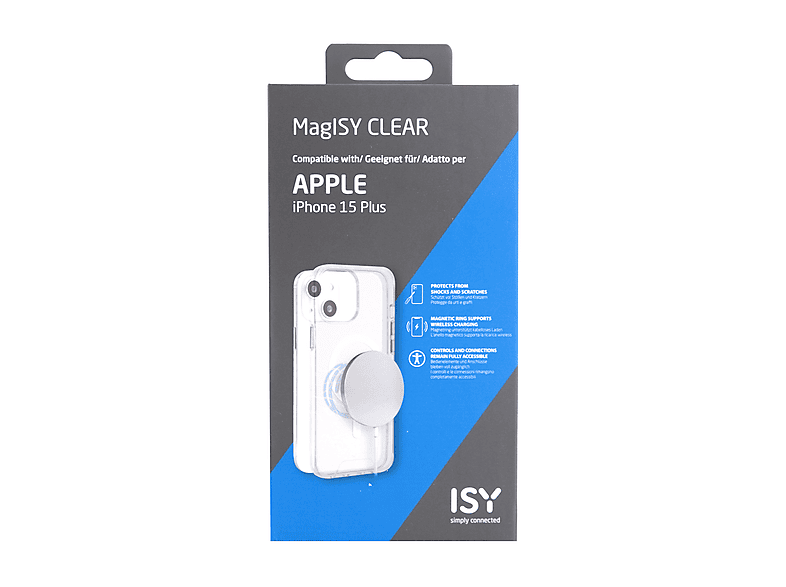 Funda móvil - ISY ISC 1114 MagISY, Para iPhone 15 Plus, Poliuretano, Transparente