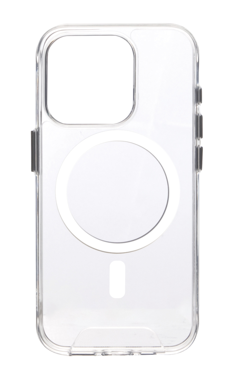Funda transparente para teléfono con MagSafe circular blanco y un recorte para la cámara, sobre fondo blanco.