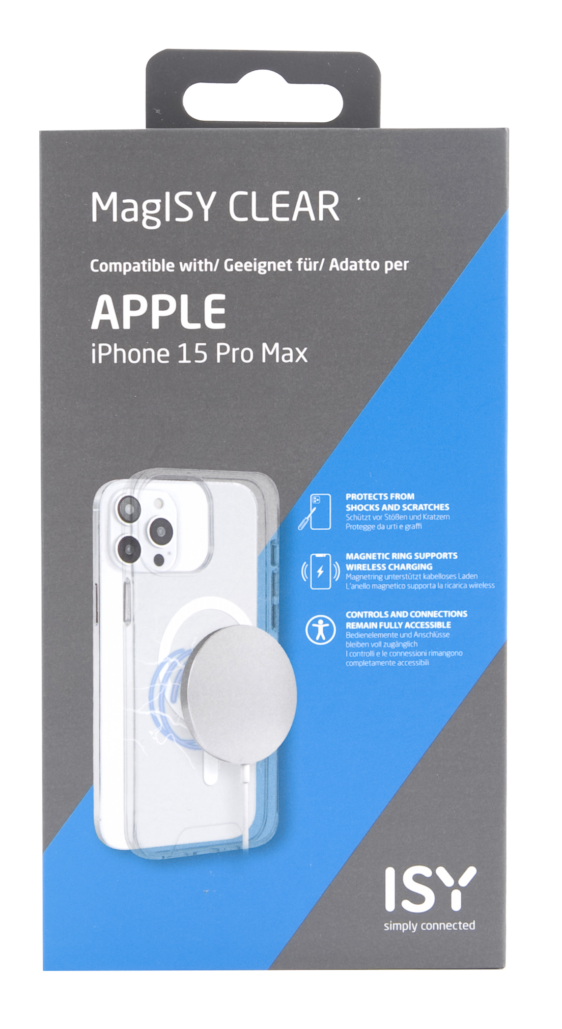 iPhone 15 Pro Max con funda MagIsy Clear. La funda tiene un anillo magnético para carga inalámbrica.