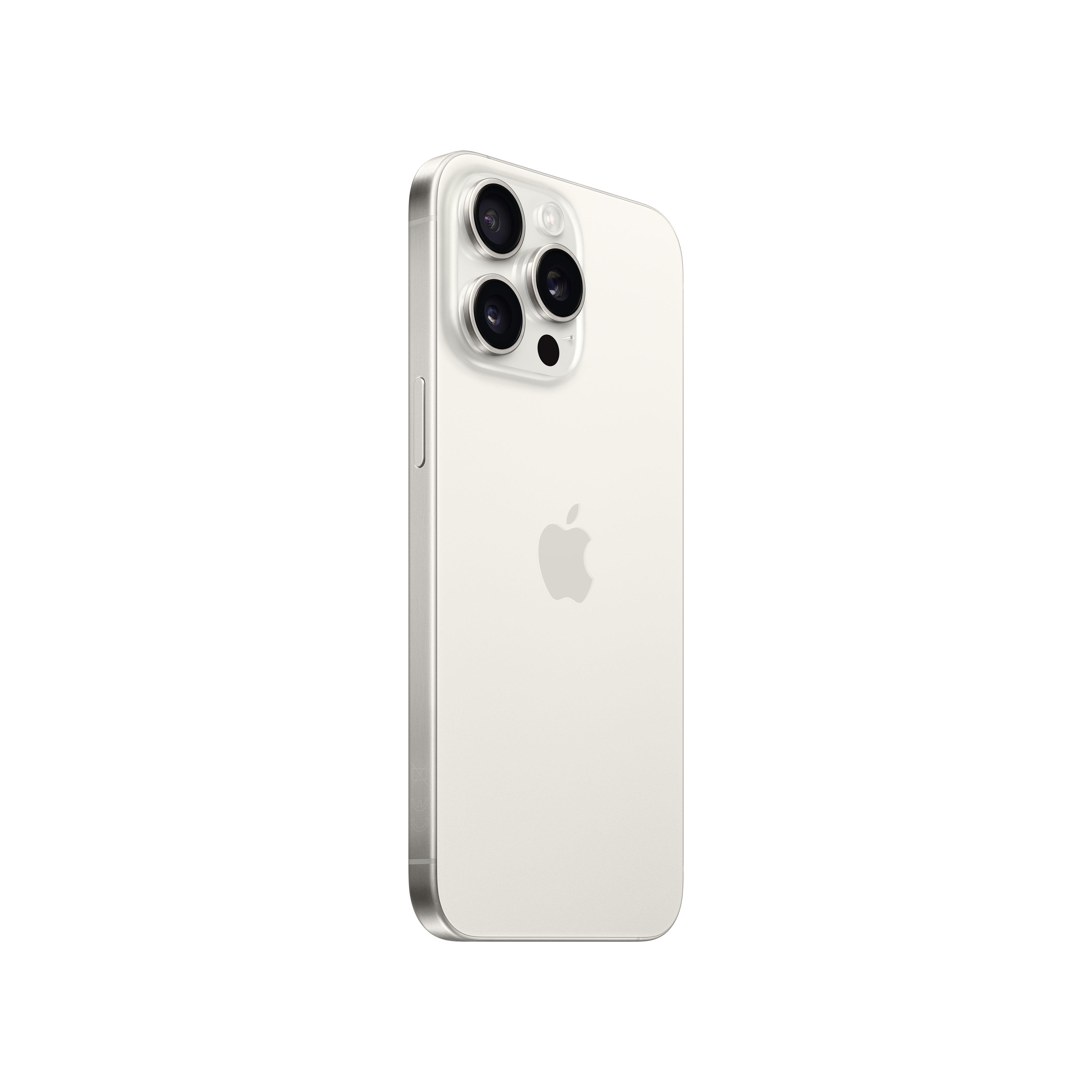 Ein weißes iPhone mit silbernem Rahmen, drei Kameralinsen und einem Apple-Logo auf weißem Hintergrund.