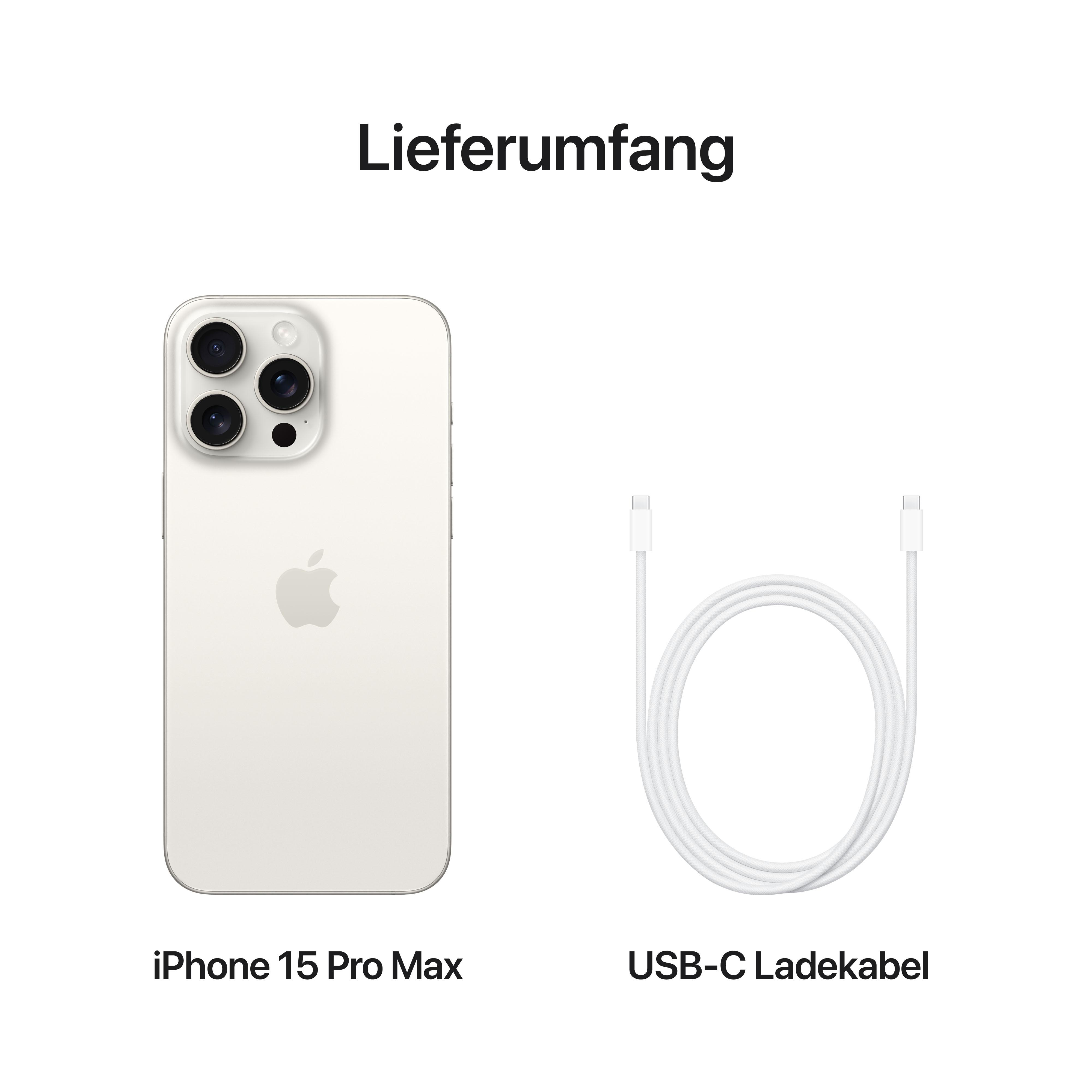 Weißes iPhone 15 Pro Max und ein USB-C-Ladekabel, auf weißem Untergrund vor weißem Hintergrund dargestellt.