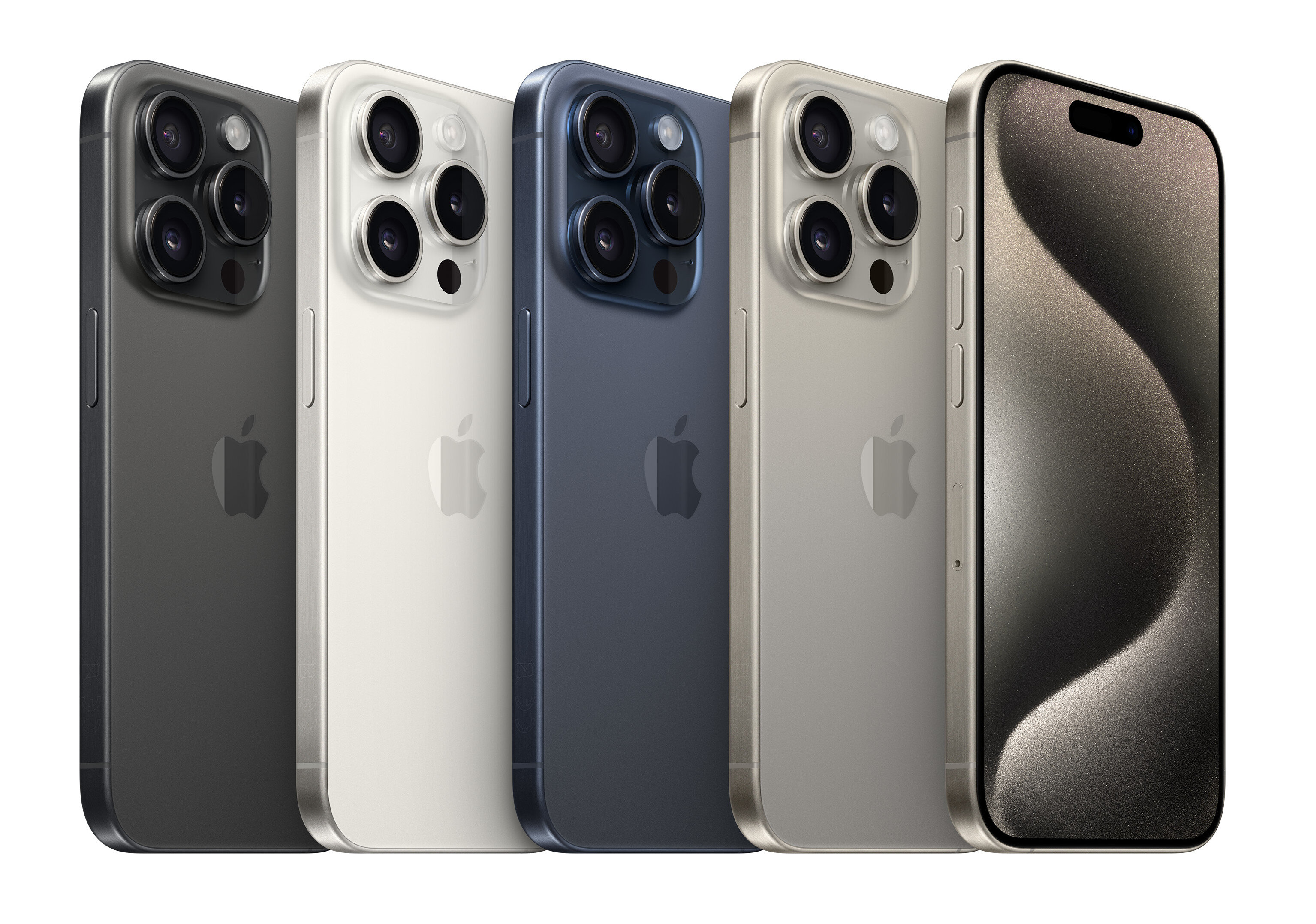 Pięć iPhone'ów w rzędzie, różne kolory, widoczne logo Apple.