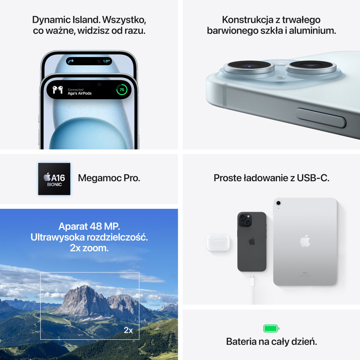 Kolaż prezentujący produkty Apple: AirPods, iPhone, iPad i górski krajobraz.