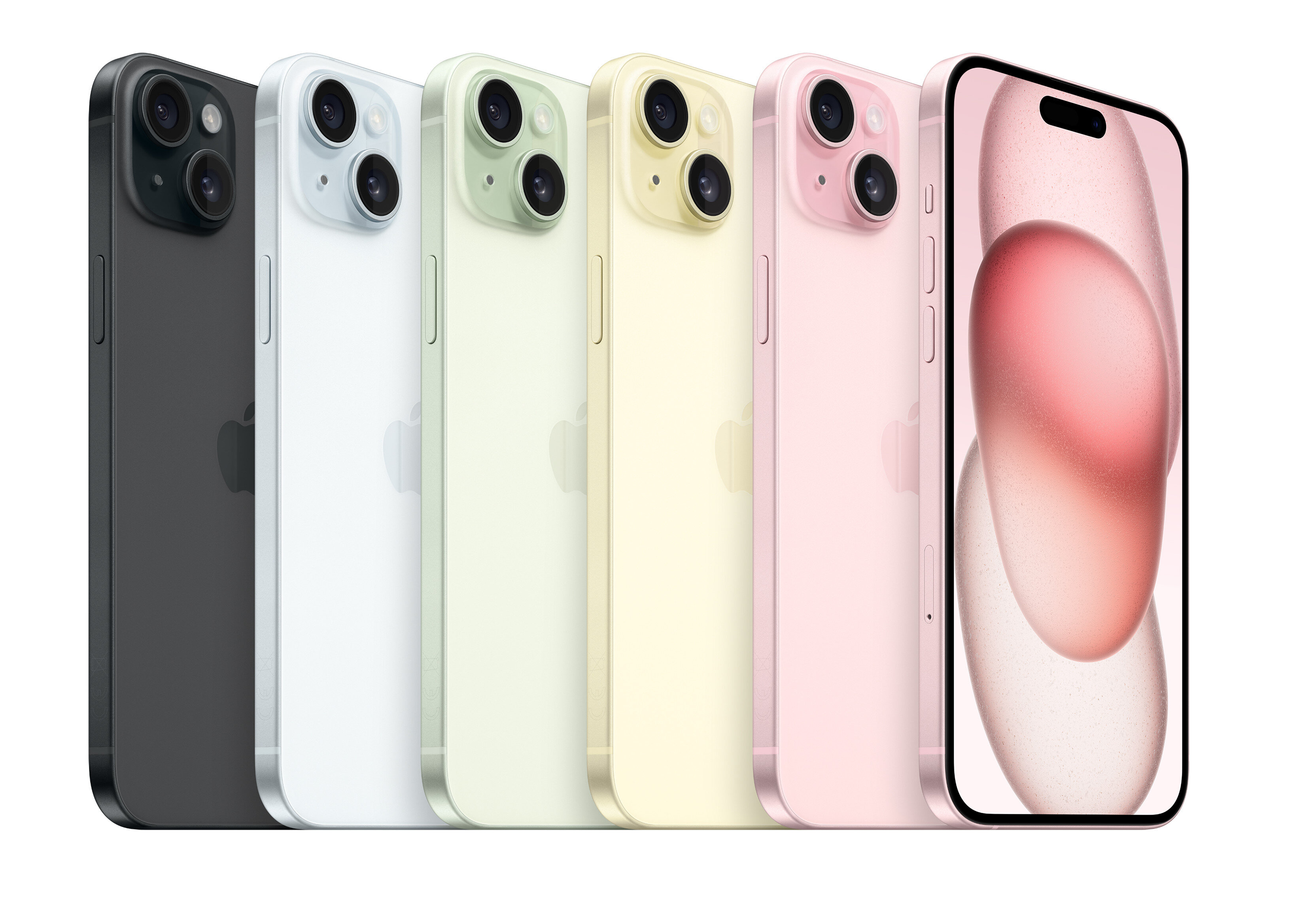 Rząd sześciu smartfonów w różnych kolorach, ekran jednego pokazuje różowy wzór.