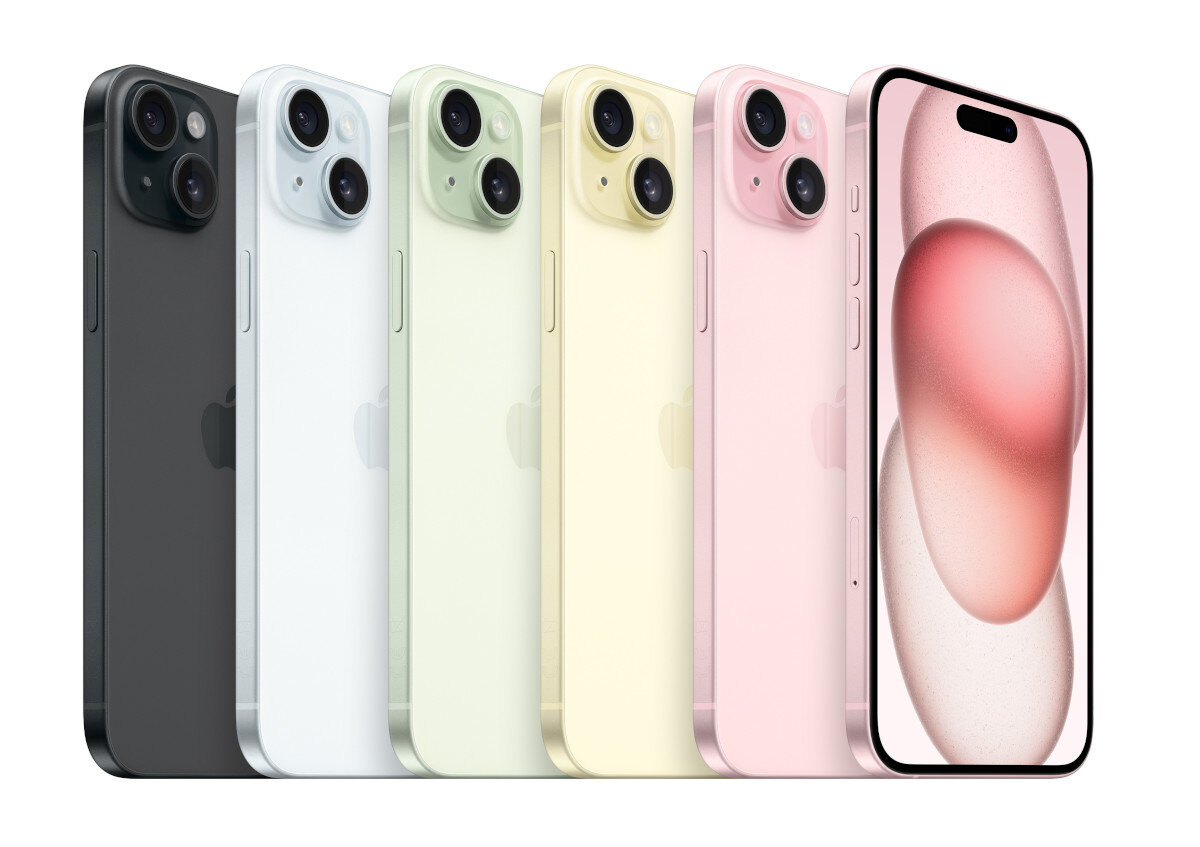 Wyświetlono sześć iPhone'ów w różnych kolorach. Przedni ma włączony ekran.