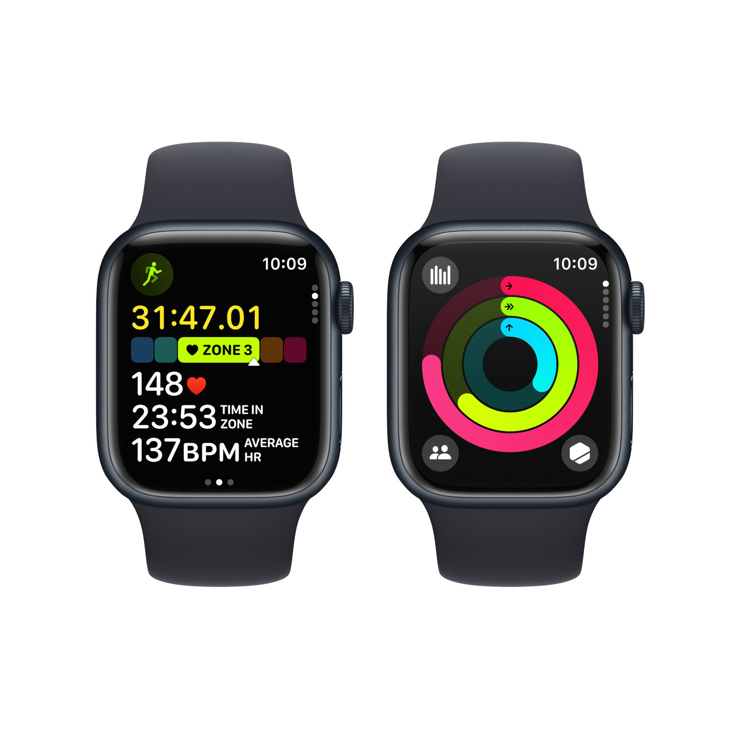 Twee smartwatches naast elkaar. Eén toont activiteitsringen, de andere statistieken.