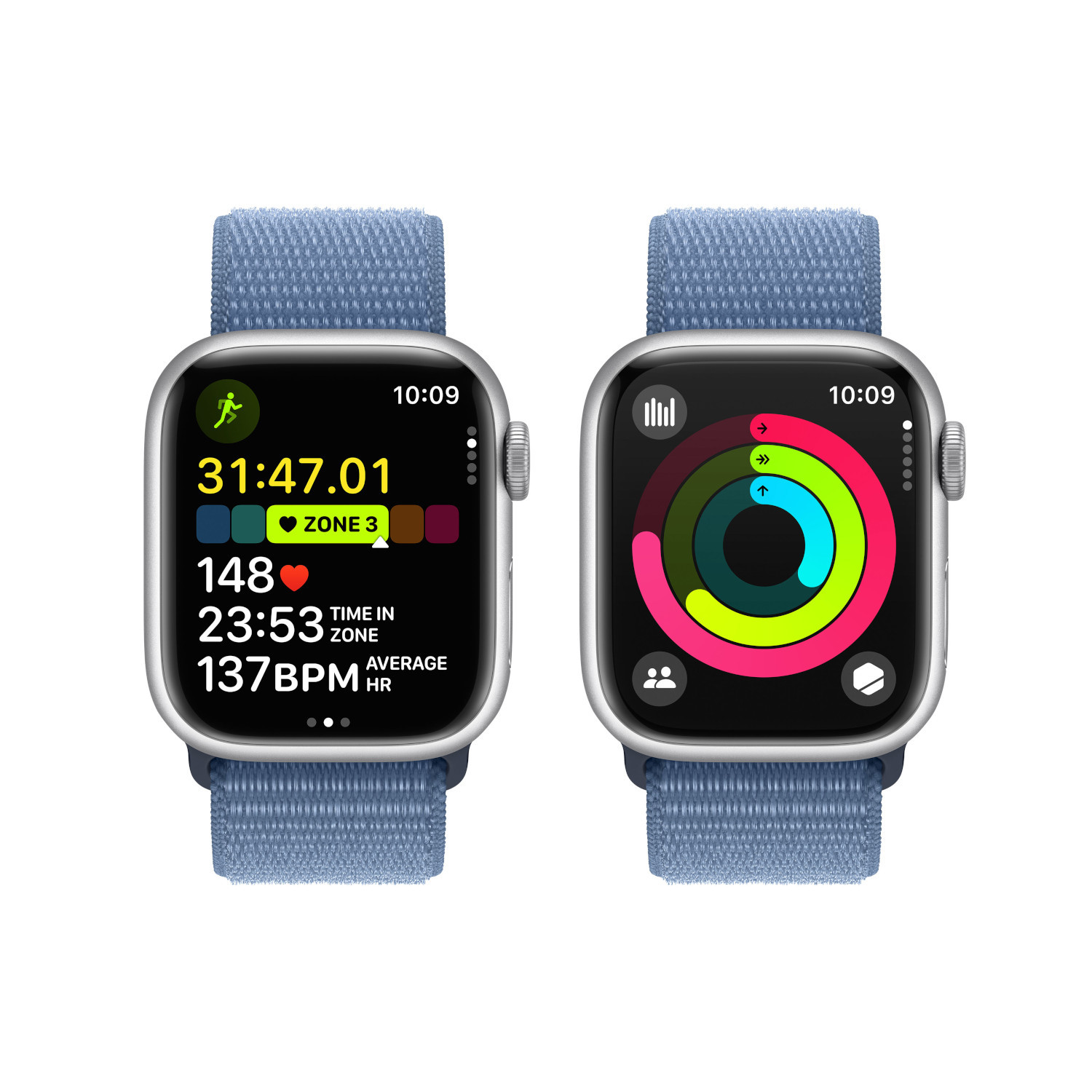 APPLE Watch Series 9 GPS + Cellular 41 mm Boîtier aluminium Silver, Bracelet Sport Loop Winter Blue (MRHX3QF/A)
