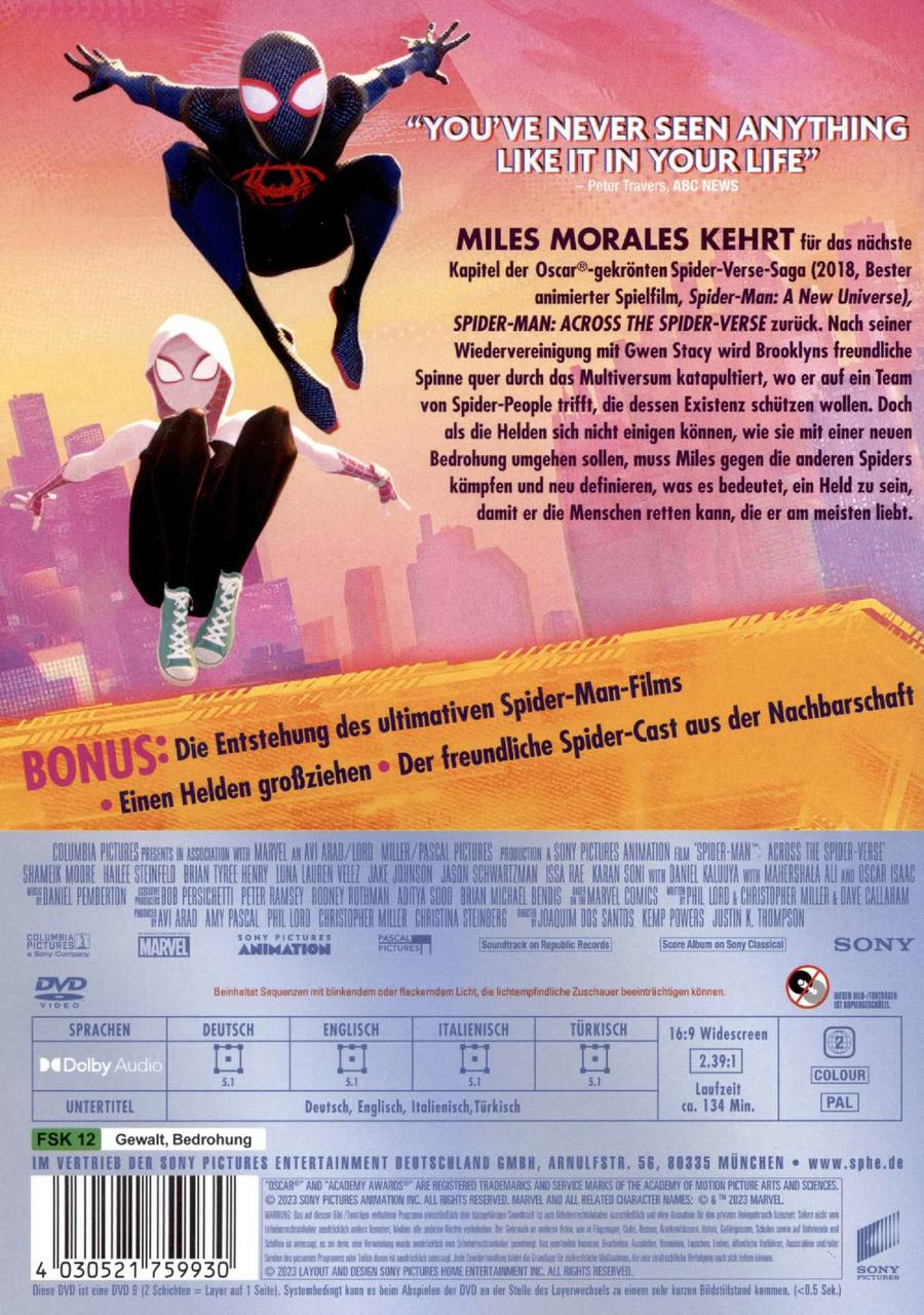 DVD-Rückseite mit Text in mehreren Sprachen, mit Spider-Man und Gwen Stacy aus Spider-Man: Across the Spider-Verse.