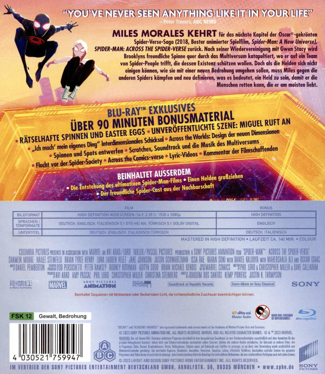 Rückseite einer Blu-ray-Disc-Hülle mit Text in mehreren Sprachen und Bildern.