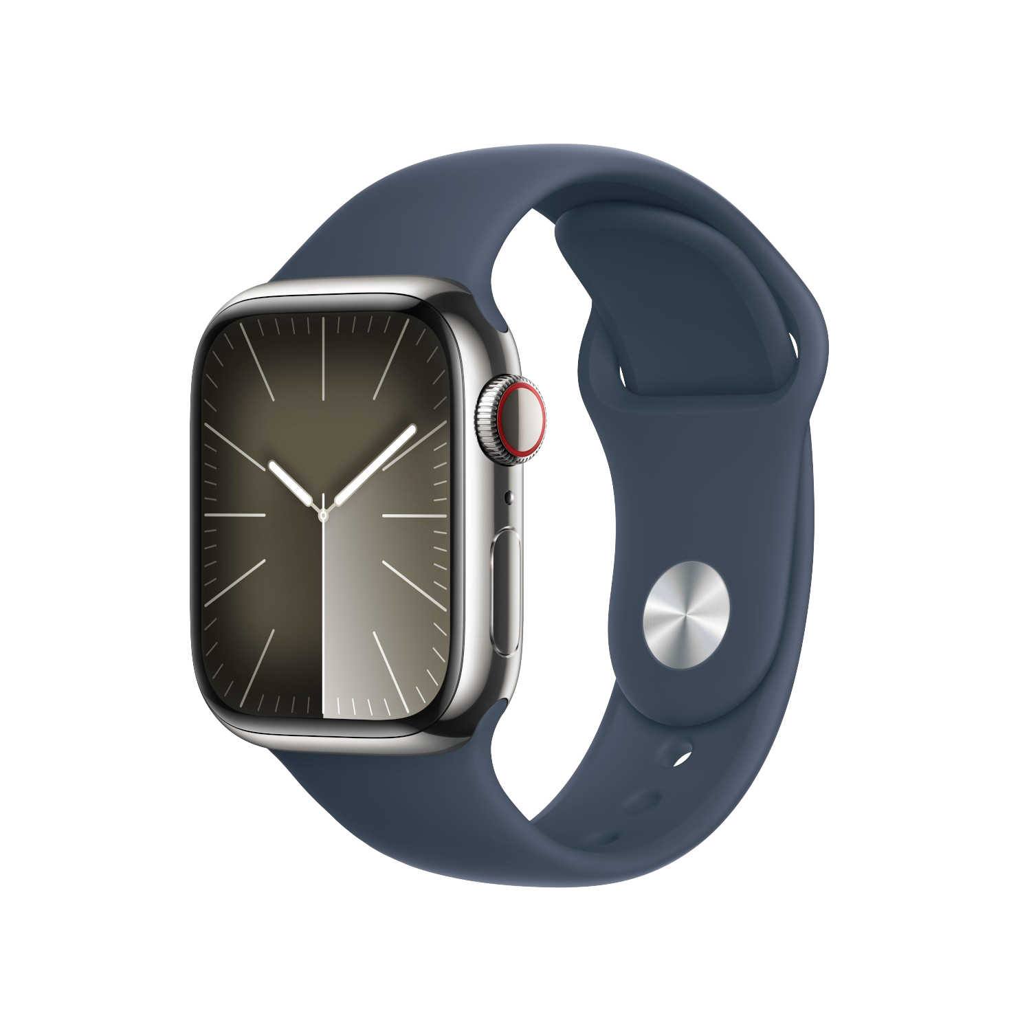 Zilveren Apple Watch met blauwe band op zwarte achtergrond. De wijzerplaat toont de tijd.