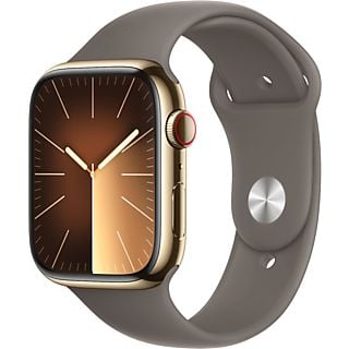 APPLE Watch Series 9 Cellular 45 mm Goud Roestvrijstalen Case/Klei Sport Band - M/L