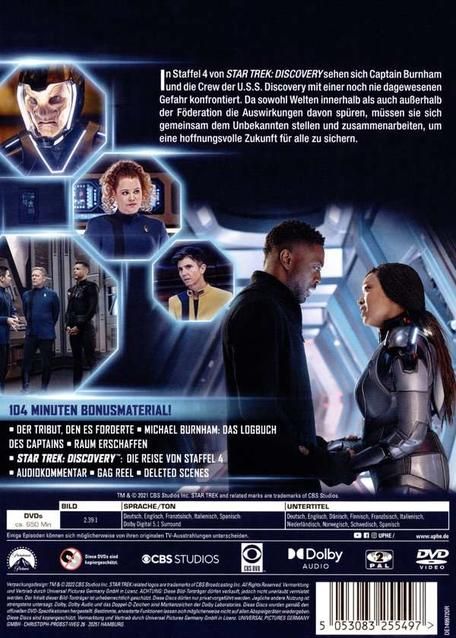 DVD-Hülle für Star Trek: Discovery, Staffel 4. Enthält Fotos der Besetzung und Episodendetails.