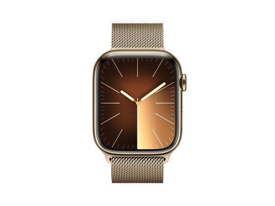 APPLE Watch Series 9 (GPS + Cellular, acier inoxydable) 45 mm - Smartwatch (Réglable en continu, Acier inoxydable, Gold/Gold)
