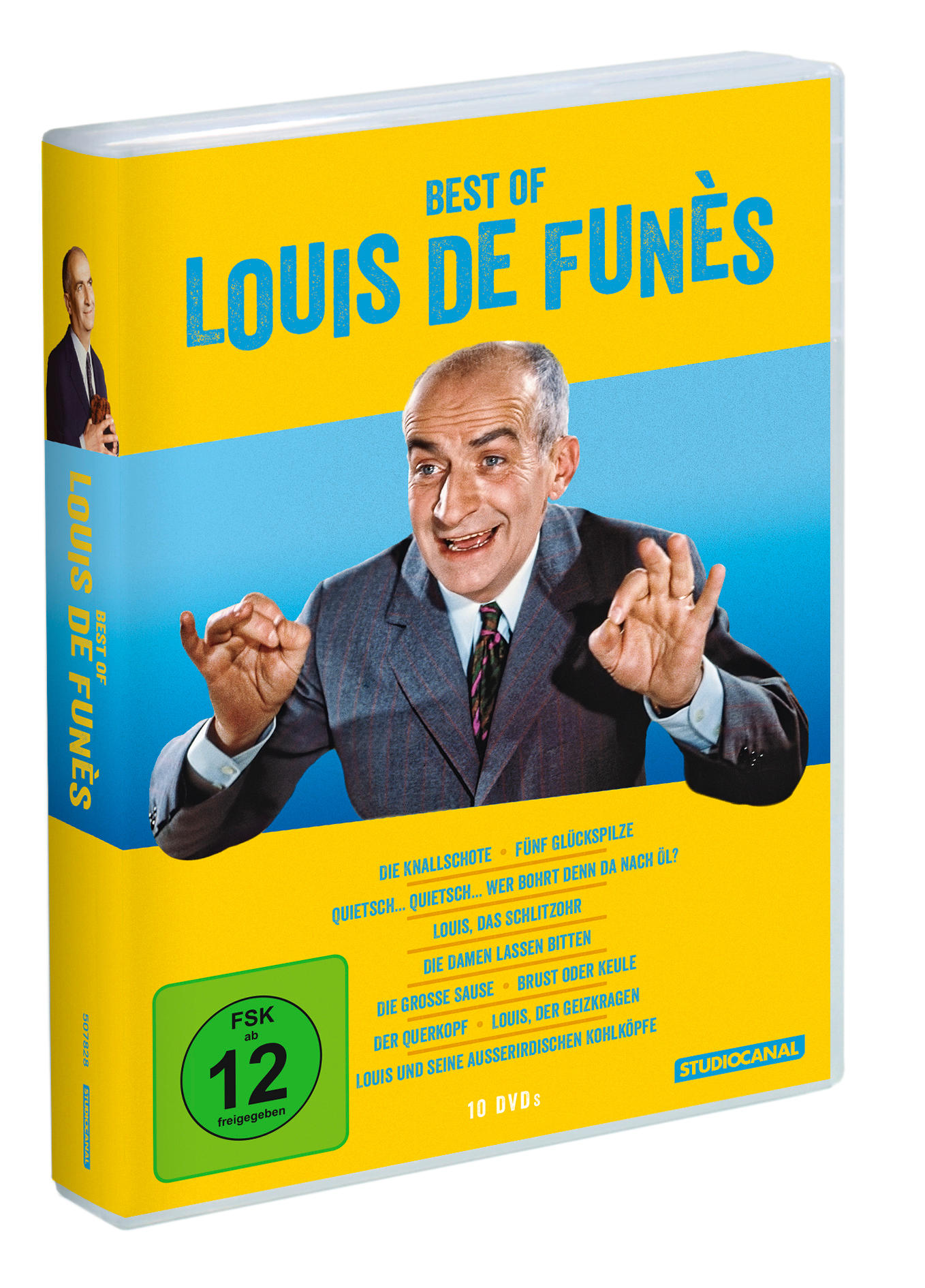 DVD-Boxset mit Louis de Funès Filmen, mit seinem Porträt und Filmtiteln.