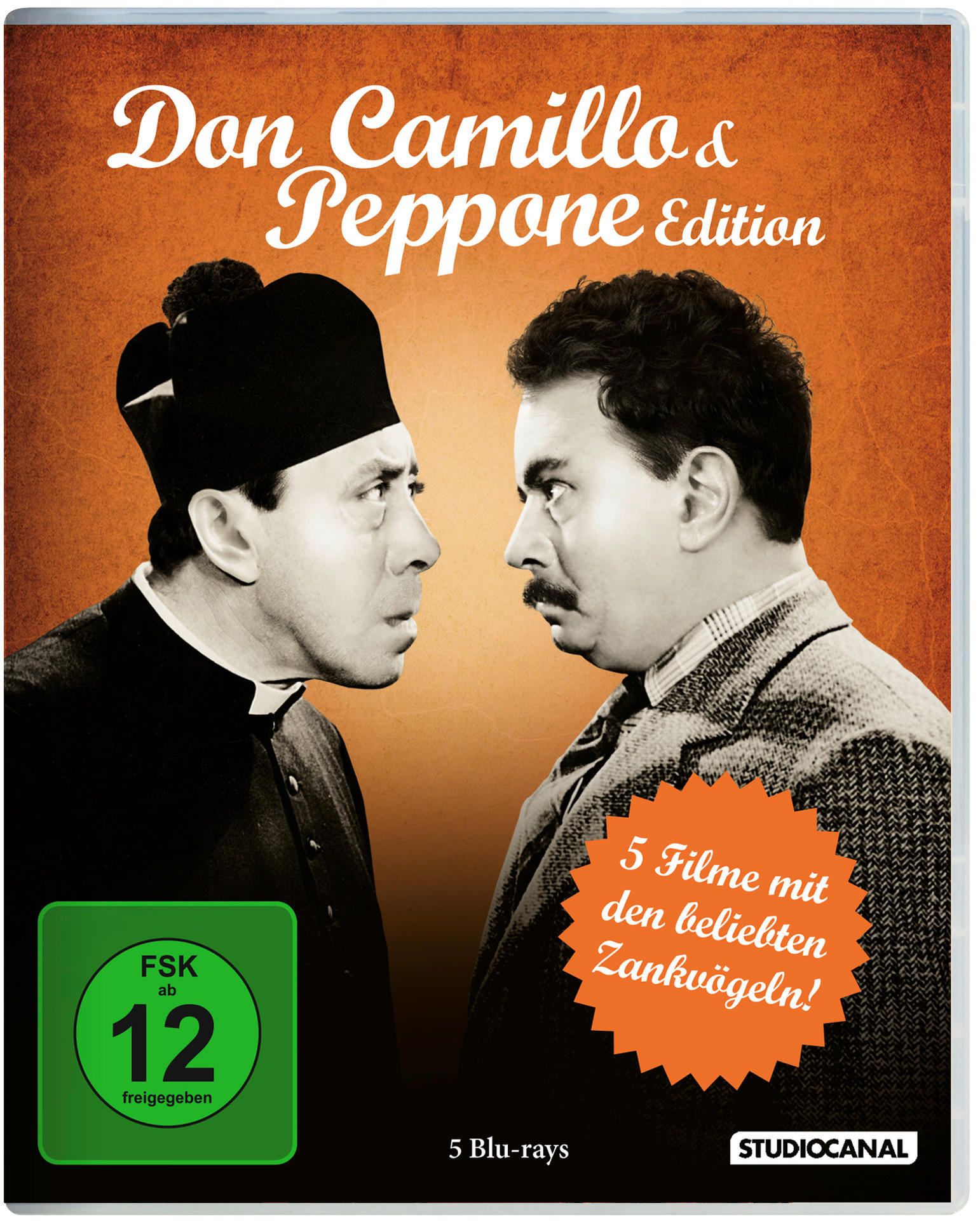 DVD-Cover. Zwei Männer in Anzügen schauen sich an. Text: Don Camillo & Peppone Edition.