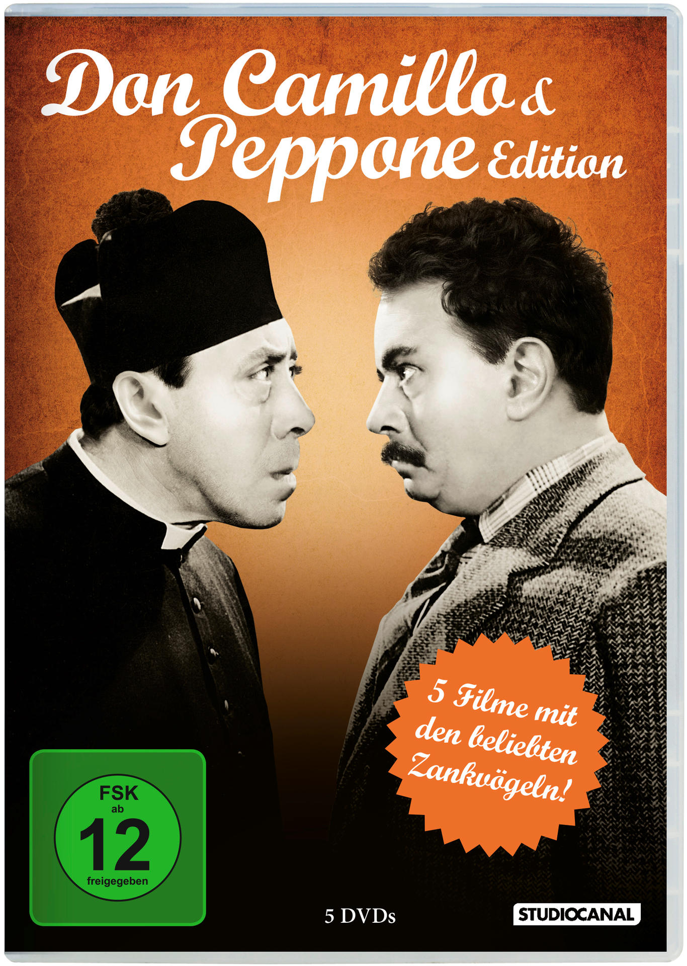 Don Camillo & Peppone Edition DVD-Cover. Zeigt zwei Männer, die sich gegenüberstehen, Vintage-Design.
