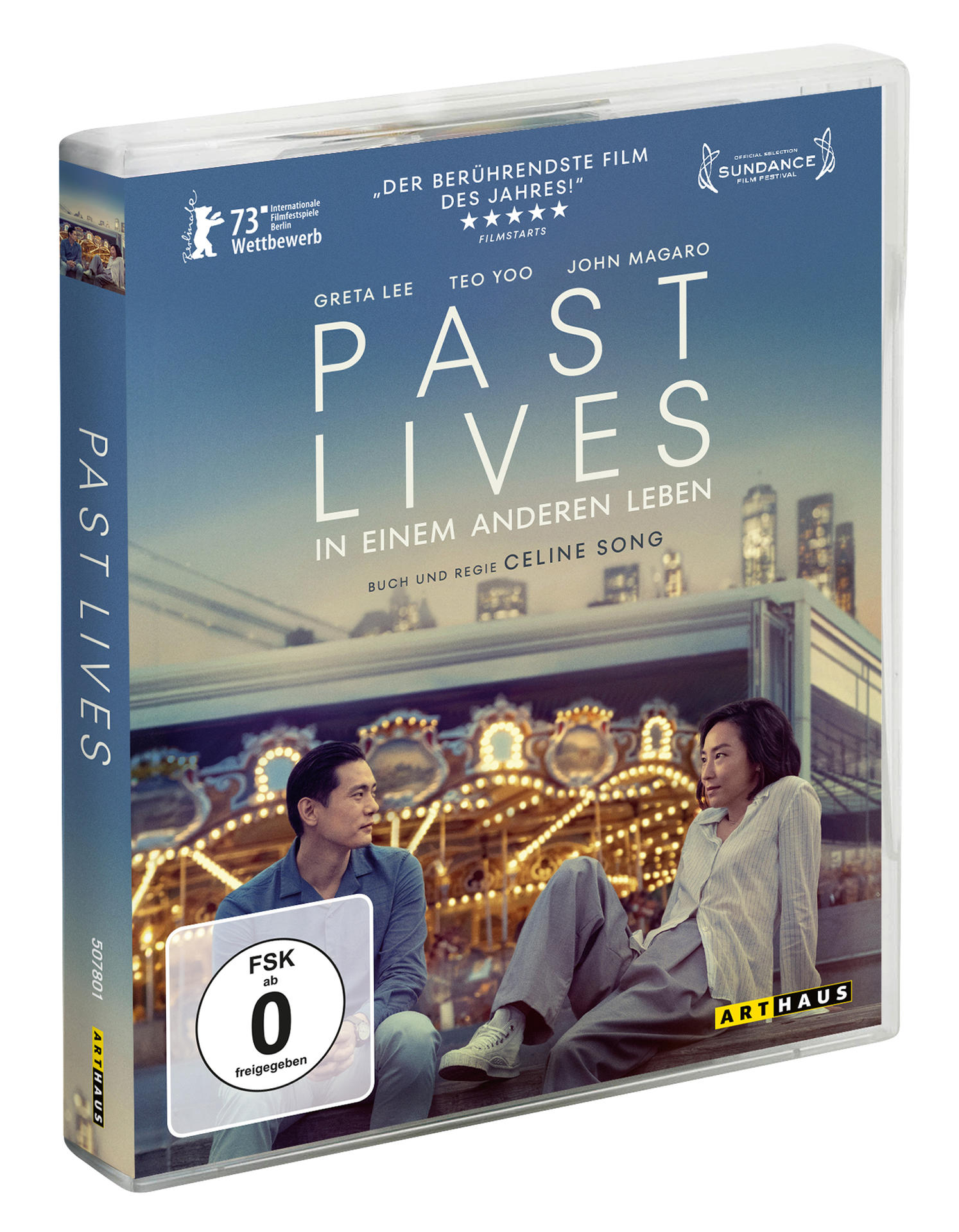 DVD-Hülle des Films 'Past Lives' mit zwei Personen in einer Szene, Text und Logo.