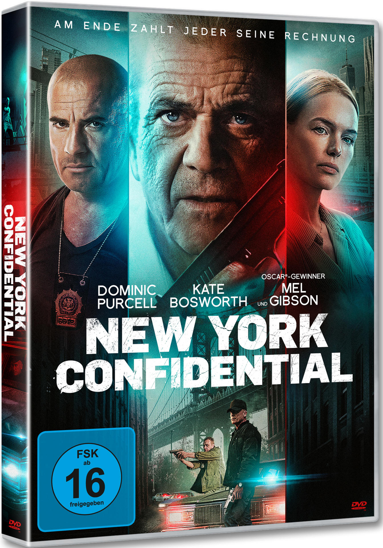 DVD-Cover von 'New York Confidential' mit Schauspielern und einem Stadtbild im Hintergrund.
