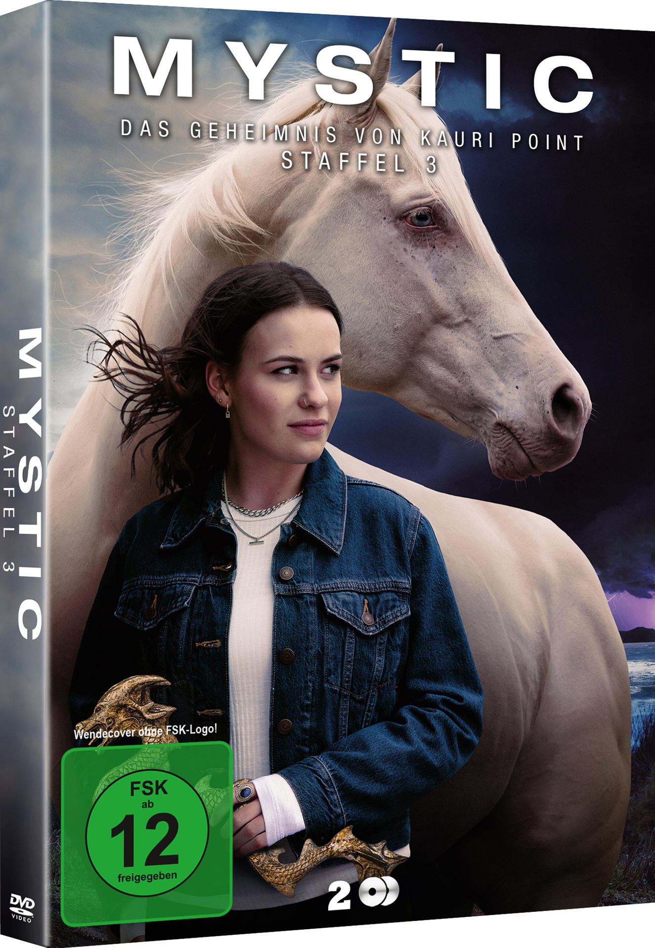 DVD-Cover mit einer Frau, einem weißen Pferd und dem Titel 'Mystic'. Das Cover ist auf weißem Hintergrund.