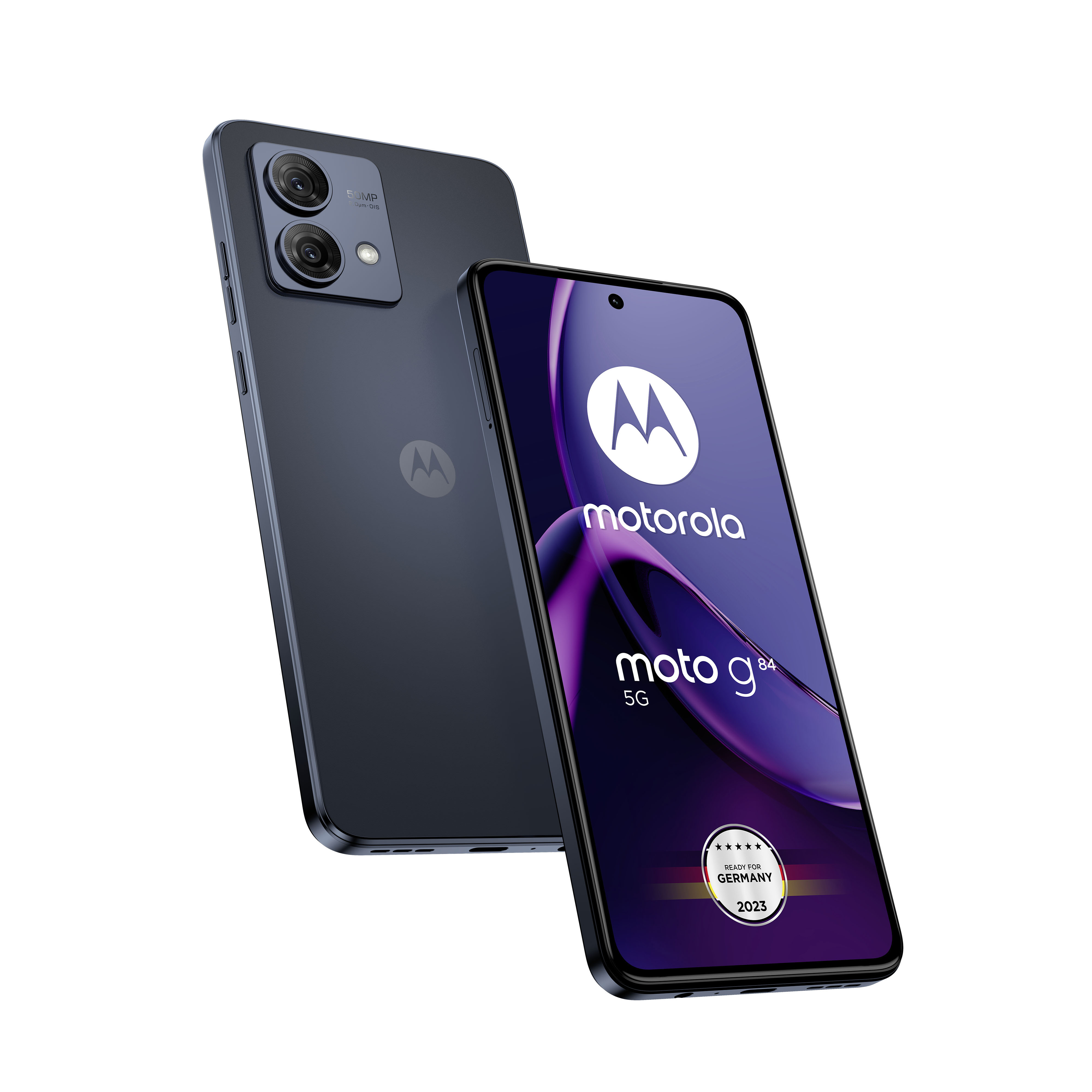 Smartphone mit zwei Kameras, das andere Telefon zeigt die Oberfläche. Blaue Farbe, Deutschland 2023.
