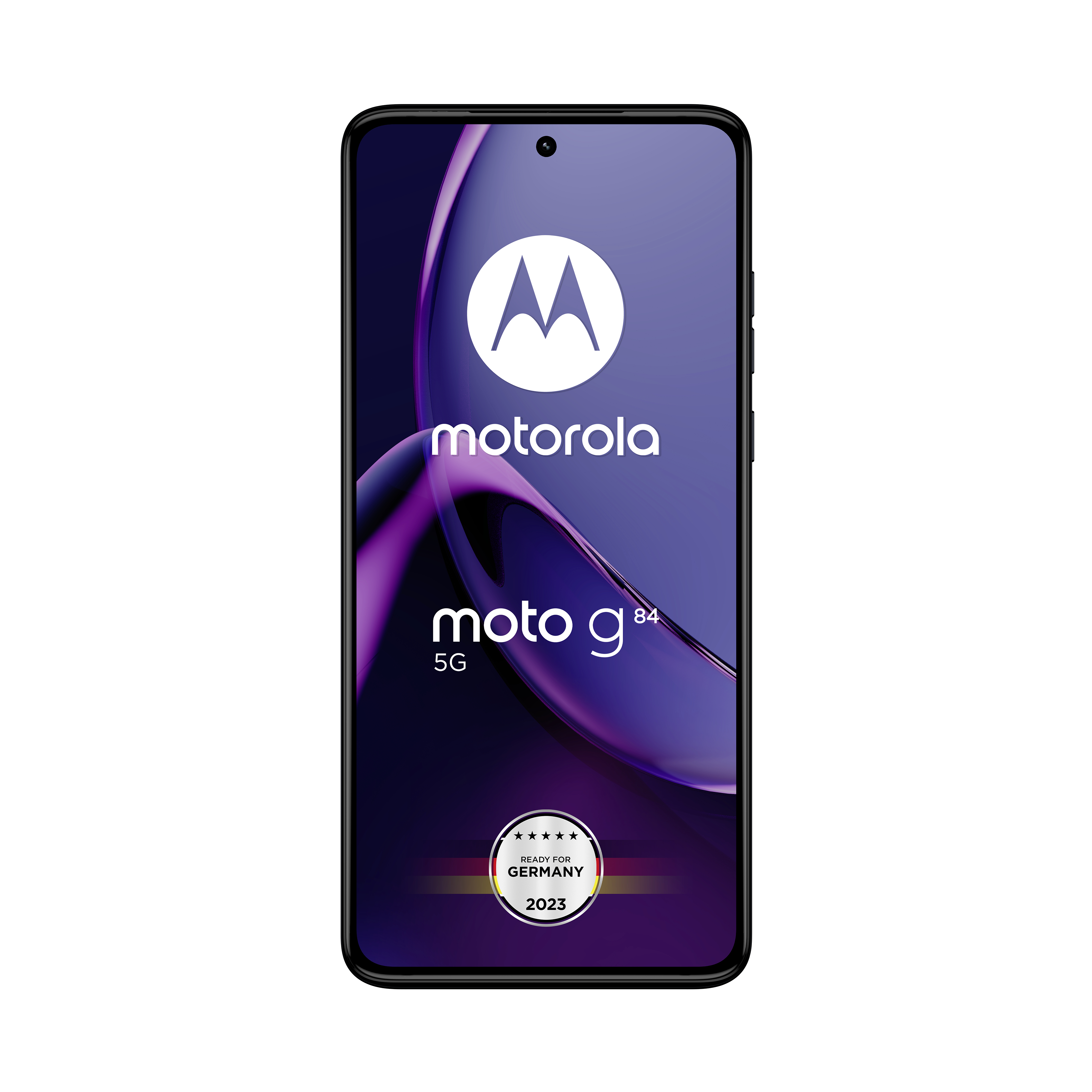 Motorola Moto g84 5G Smartphone. Schwarzer Rahmen, lila Display mit Motorola Logo und Text. "Ready for Germany 2023".