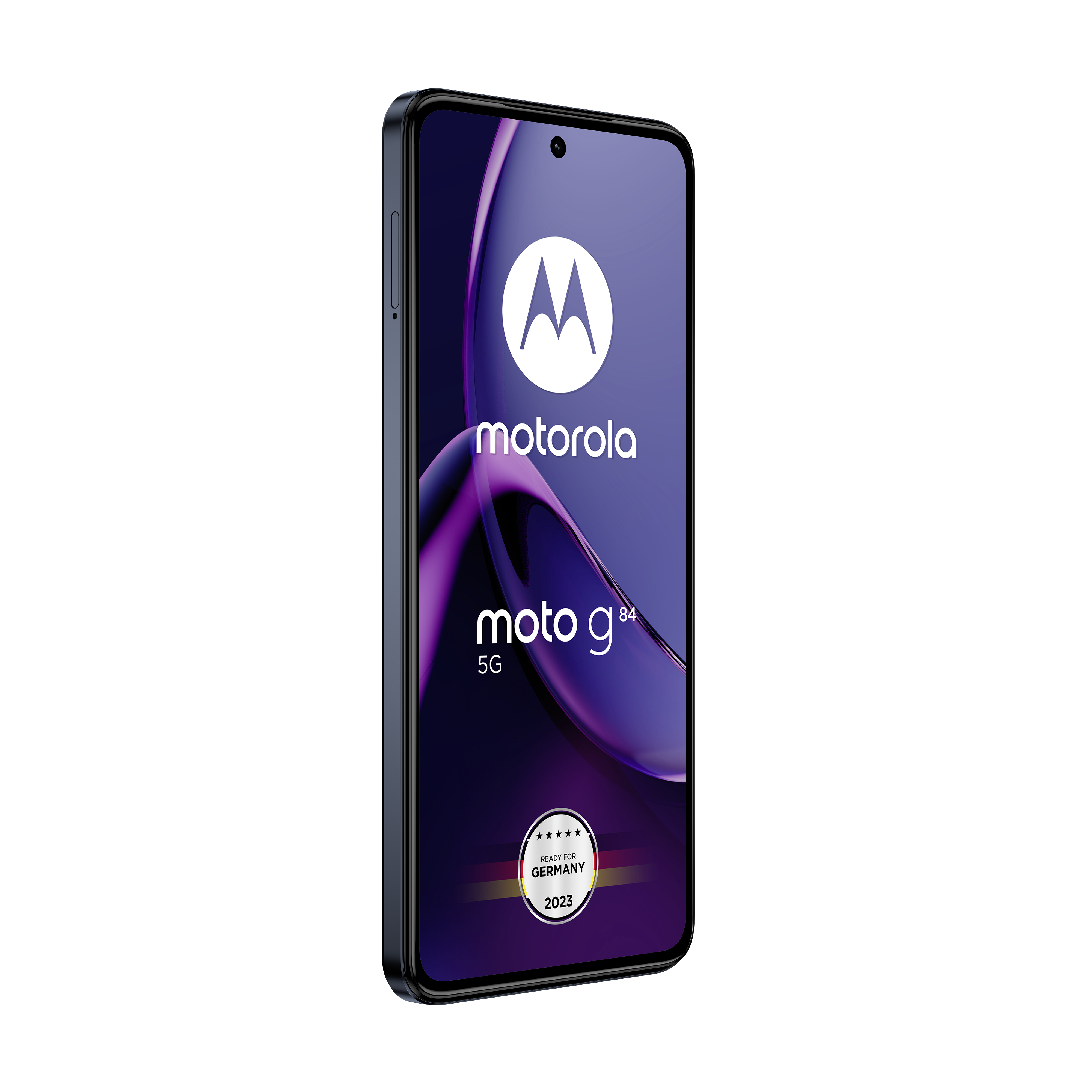 Motorola Moto G84 5G Smartphone. Schwarzer Rahmen, großer Bildschirm mit Logo und Text.