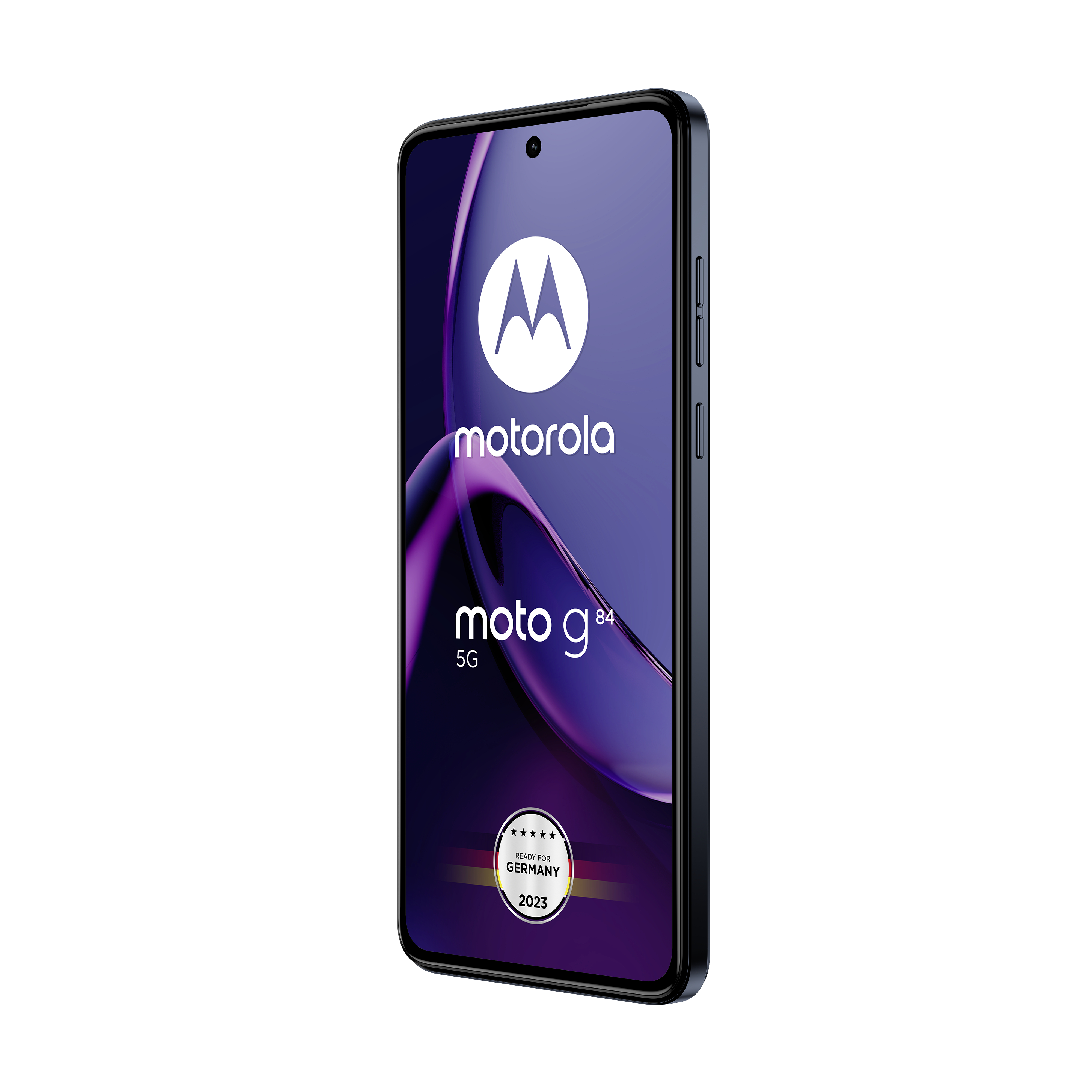 Ein Smartphone, schwarz mit blauem Bildschirm, wird im Profil gezeigt.