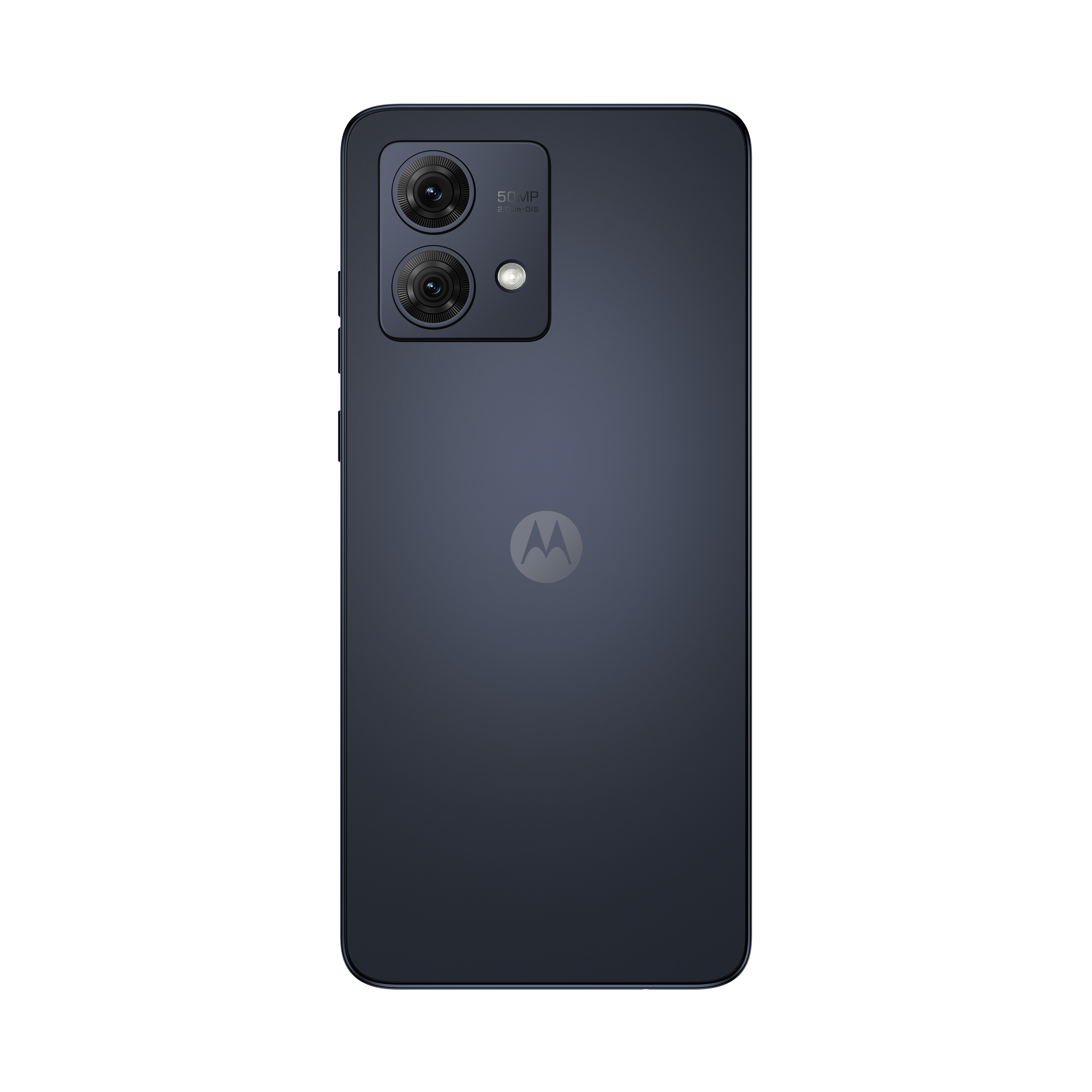 Rückansicht eines dunkelblauen Smartphones mit Dual-Kameras und Motorola-Logo.