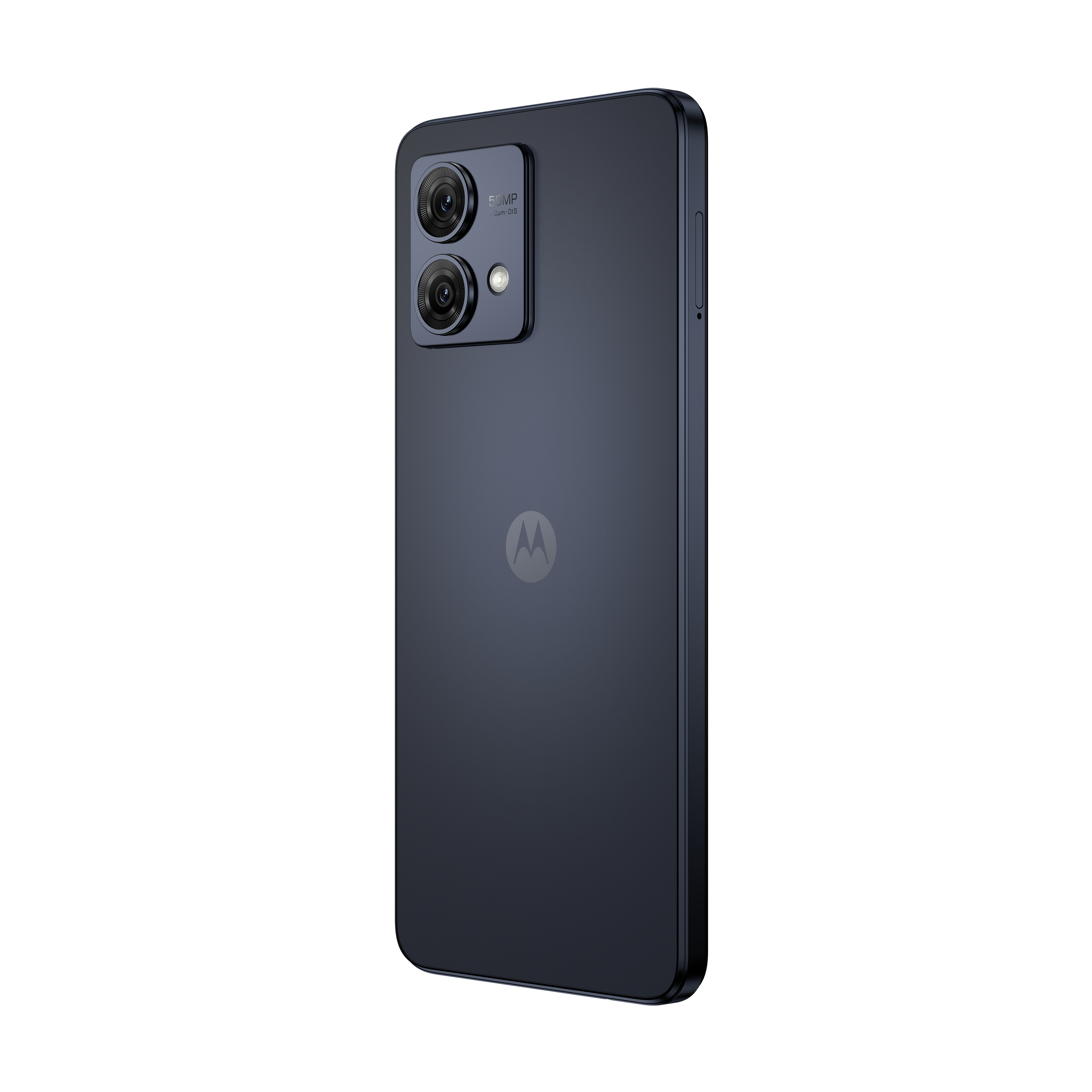 Ein dunkelblaues Smartphone, das die Rückseite mit zwei Kameras und einem Logo zeigt.