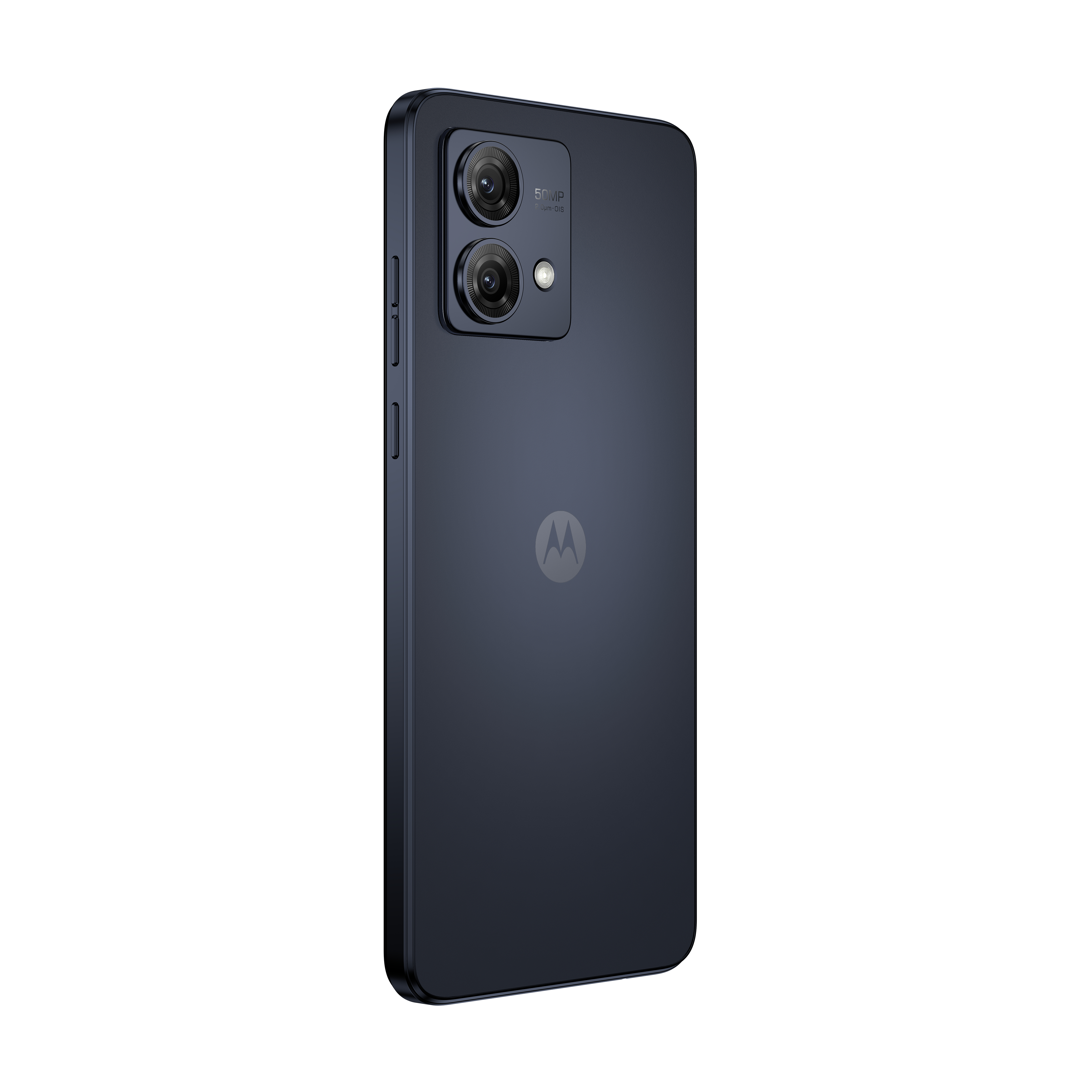 Dunkelblaues Motorola-Telefon von hinten, leicht abgewinkelt, mit Motorola-Logo sichtbar.