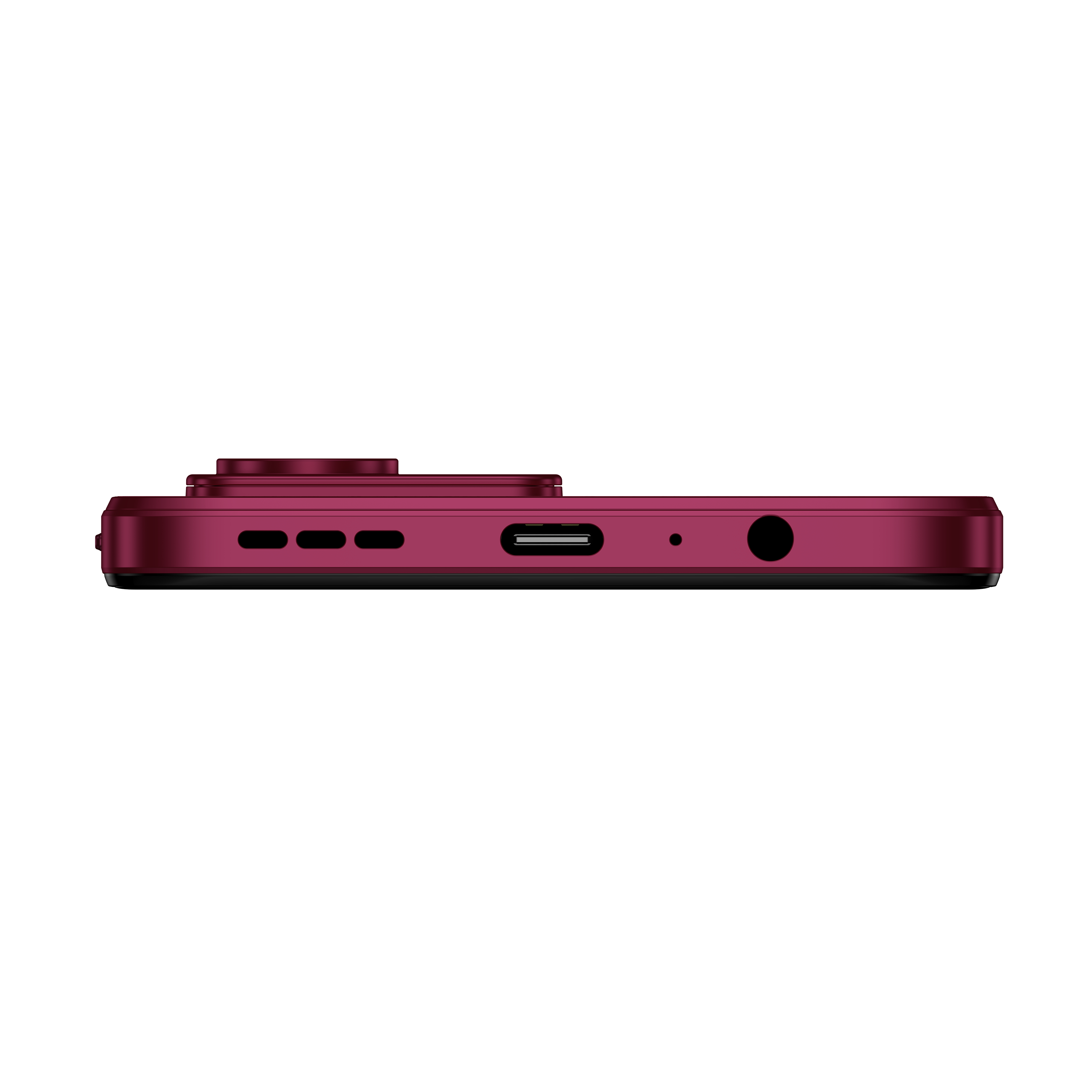 Ein weinrotes Telefon, das die Unterseite mit Anschlüssen und einer Kameralinse zeigt.