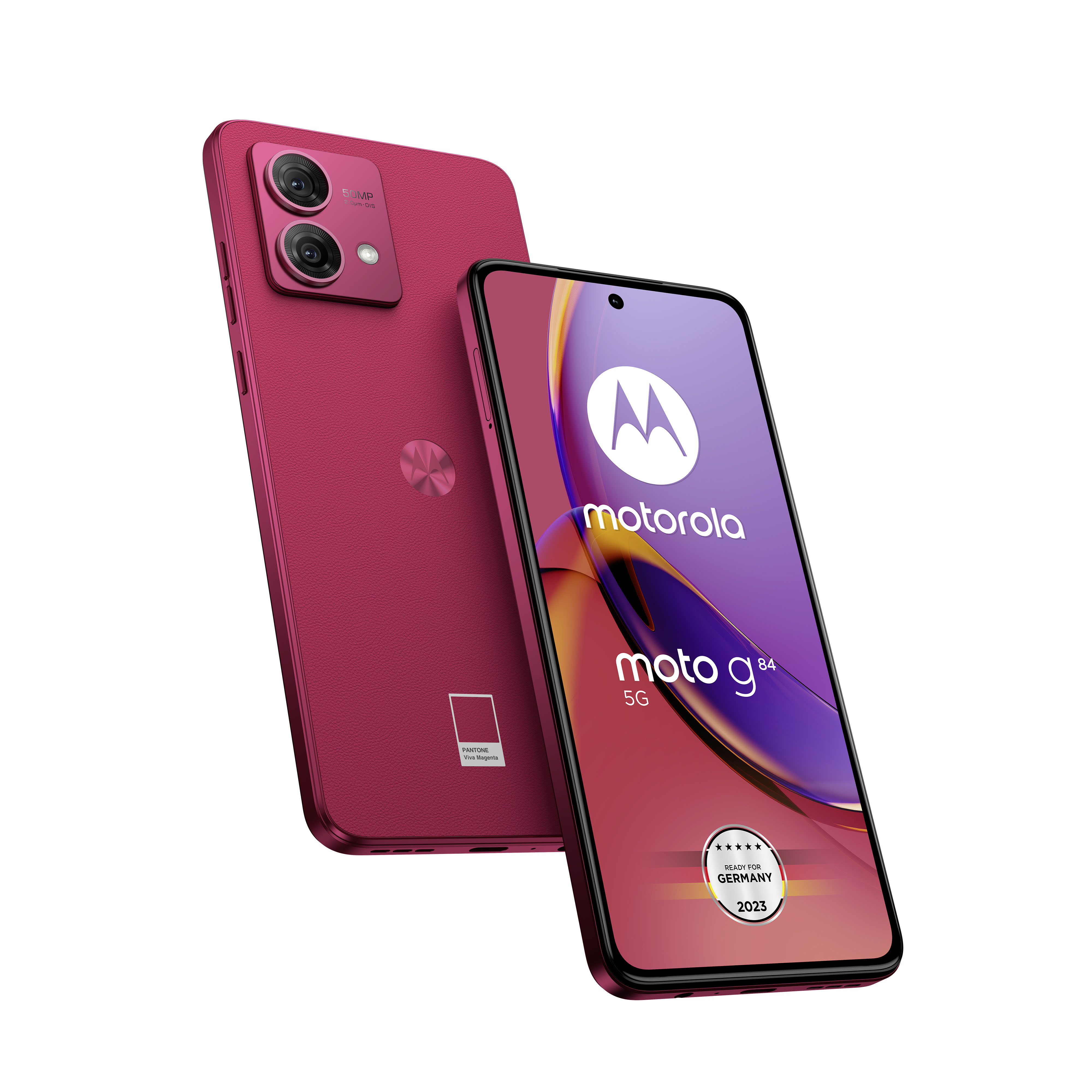 Moto g84 5G-Telefon, magenta, mit zwei Rückkameras und Motorola-Logo.