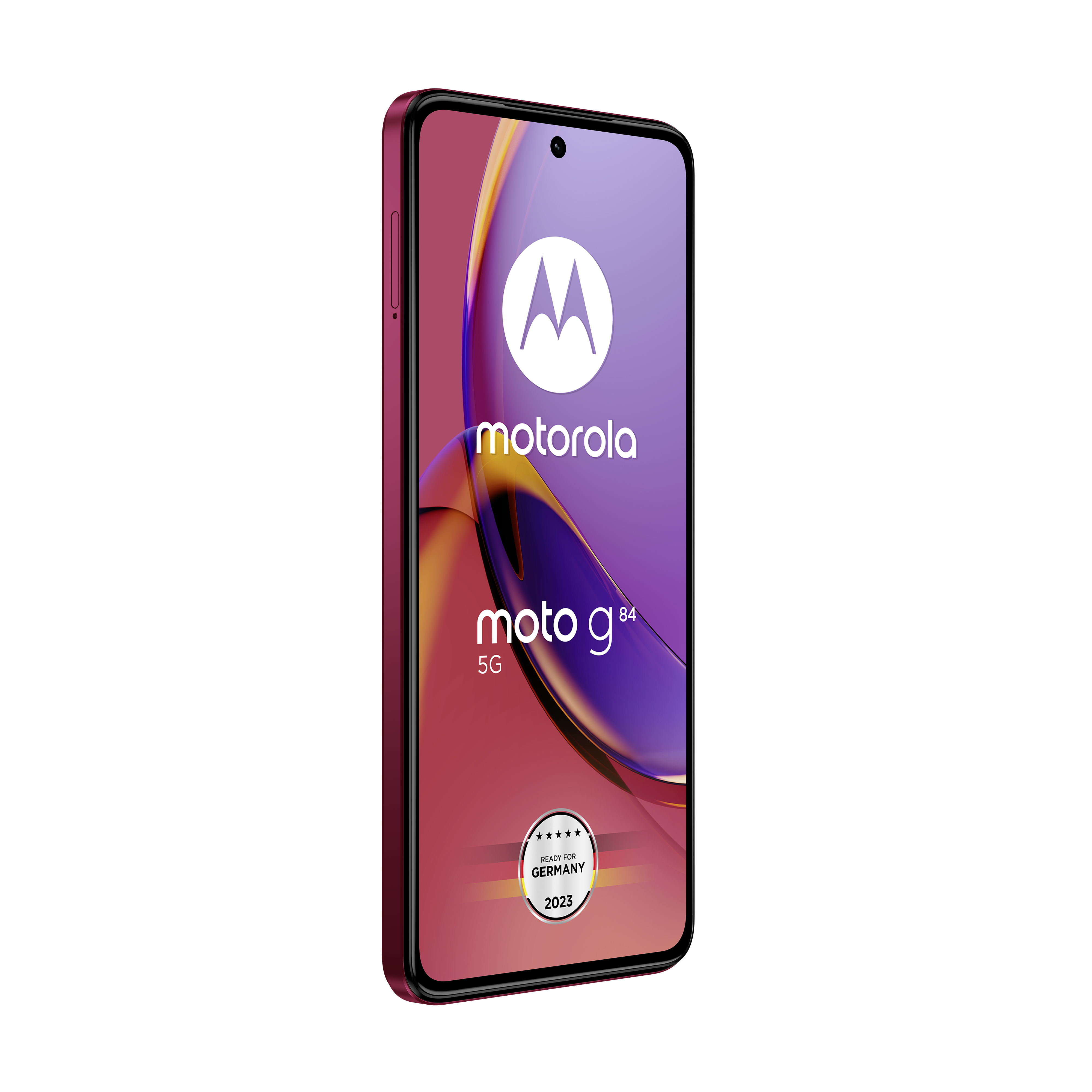 Ein rotes Motorola Moto g84 5G-Telefon, schräg dargestellt, mit Text auf dem Bildschirm.