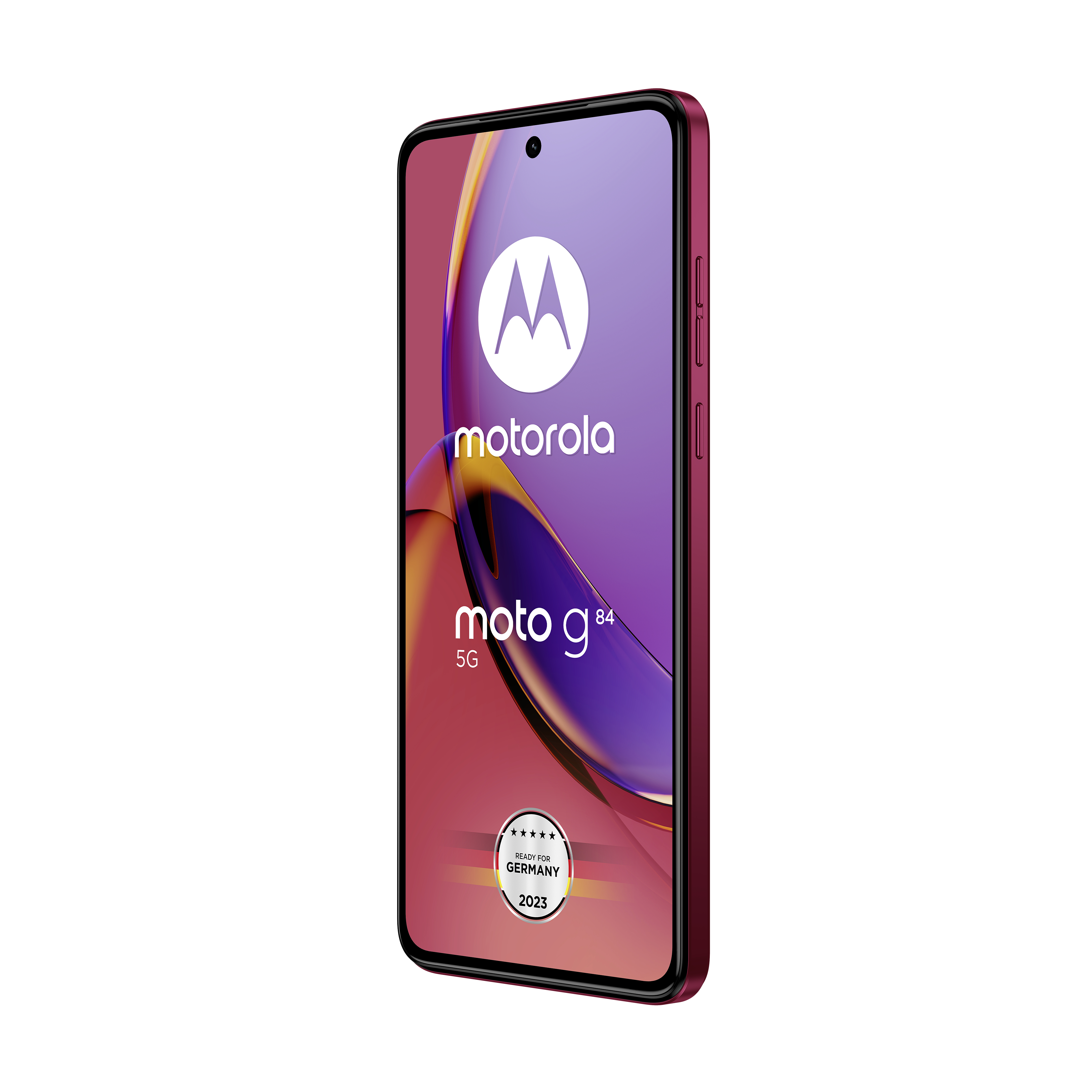Motorola Moto g84 5G-Telefon in Rot, seitlich dargestellt, auf weißem Hintergrund.