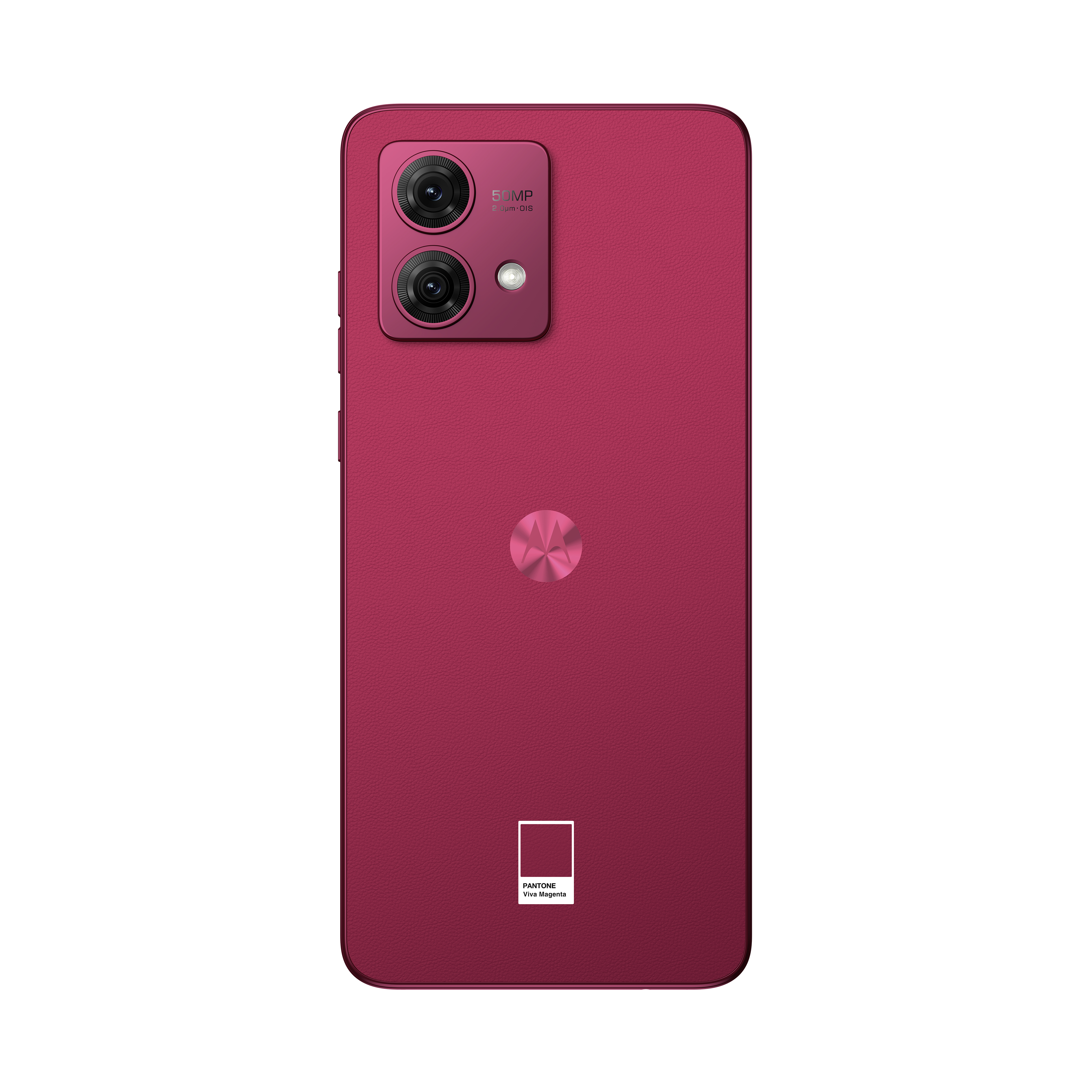 Rückseite eines magenta Smartphones mit Dual-Kamera, mittigem Logo und Pantone-Farbfeld.