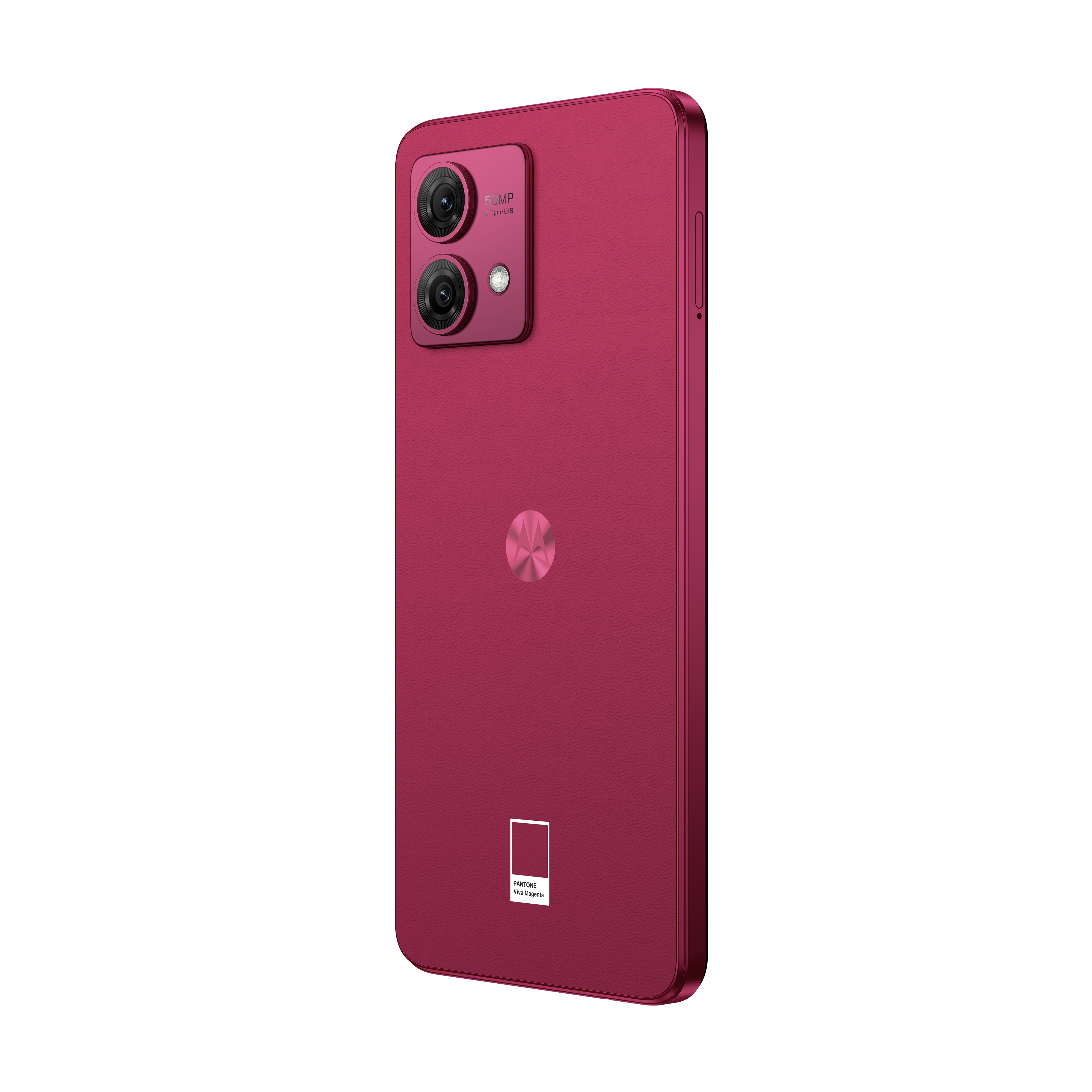 Ein rotes Smartphone mit zwei Kameras, rundem Logo und Pantone-Logo unten.