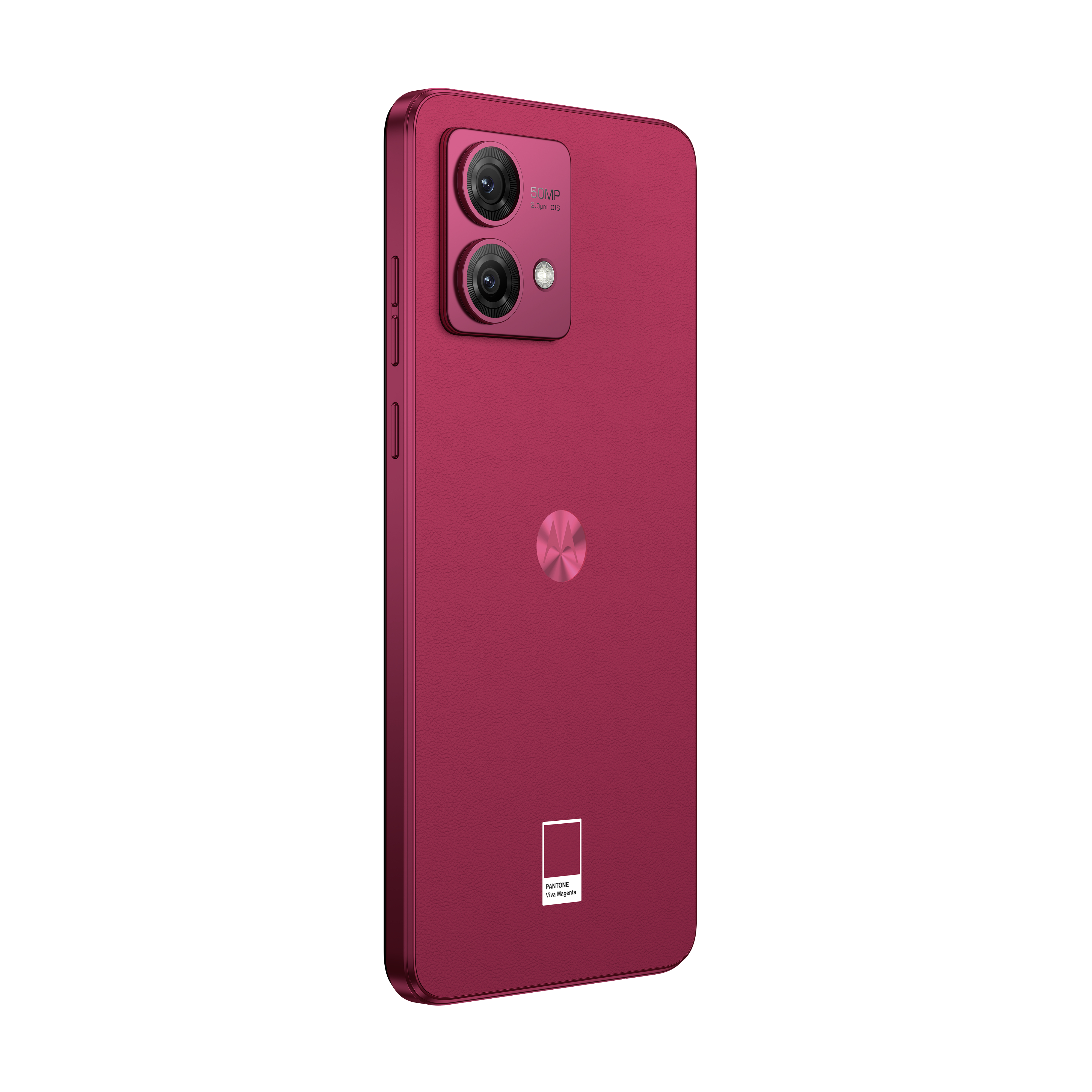 Ein magenta-farbenes Telefon mit zwei Rückkameras und einem Pantone-Farbetikett.