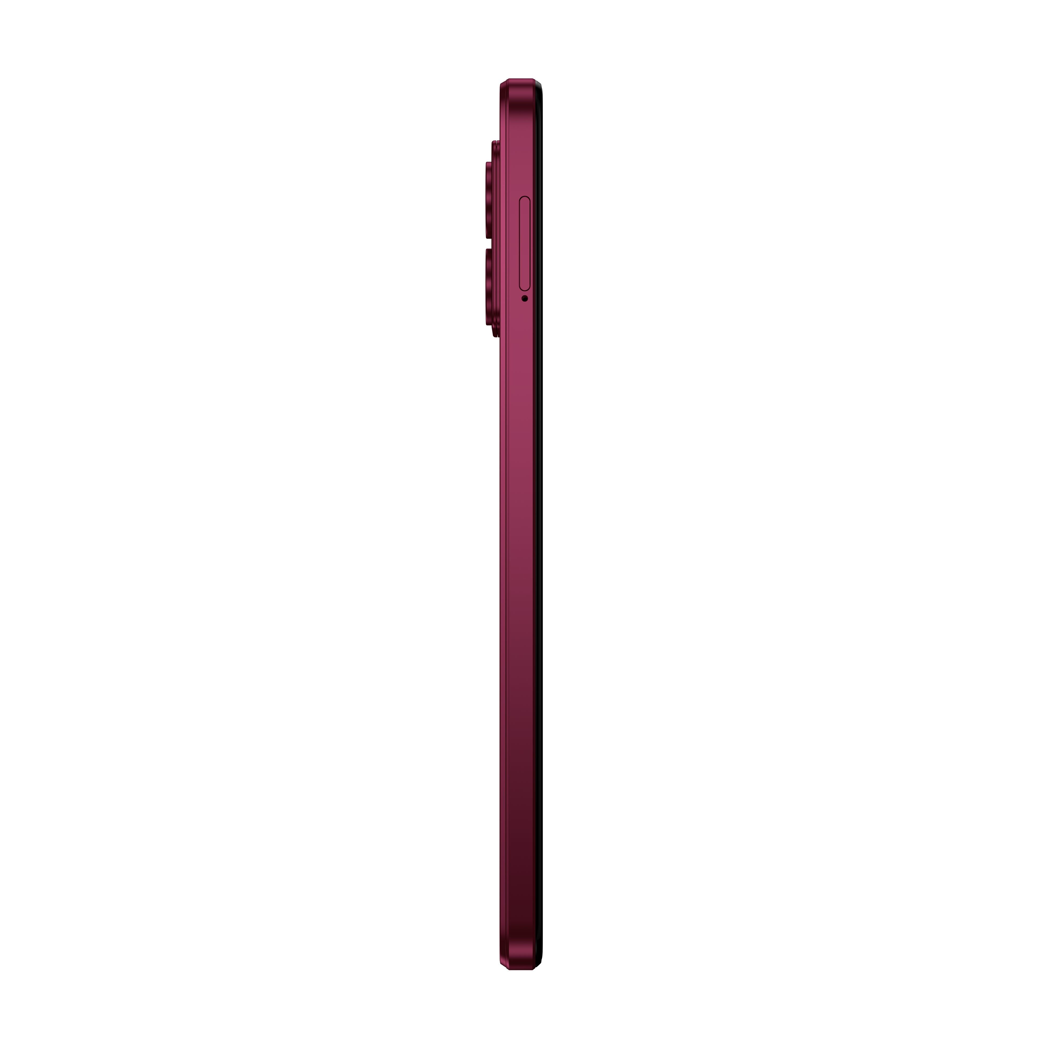 Eine Seitenansicht eines weinroten Smartphones auf weißem Hintergrund.
