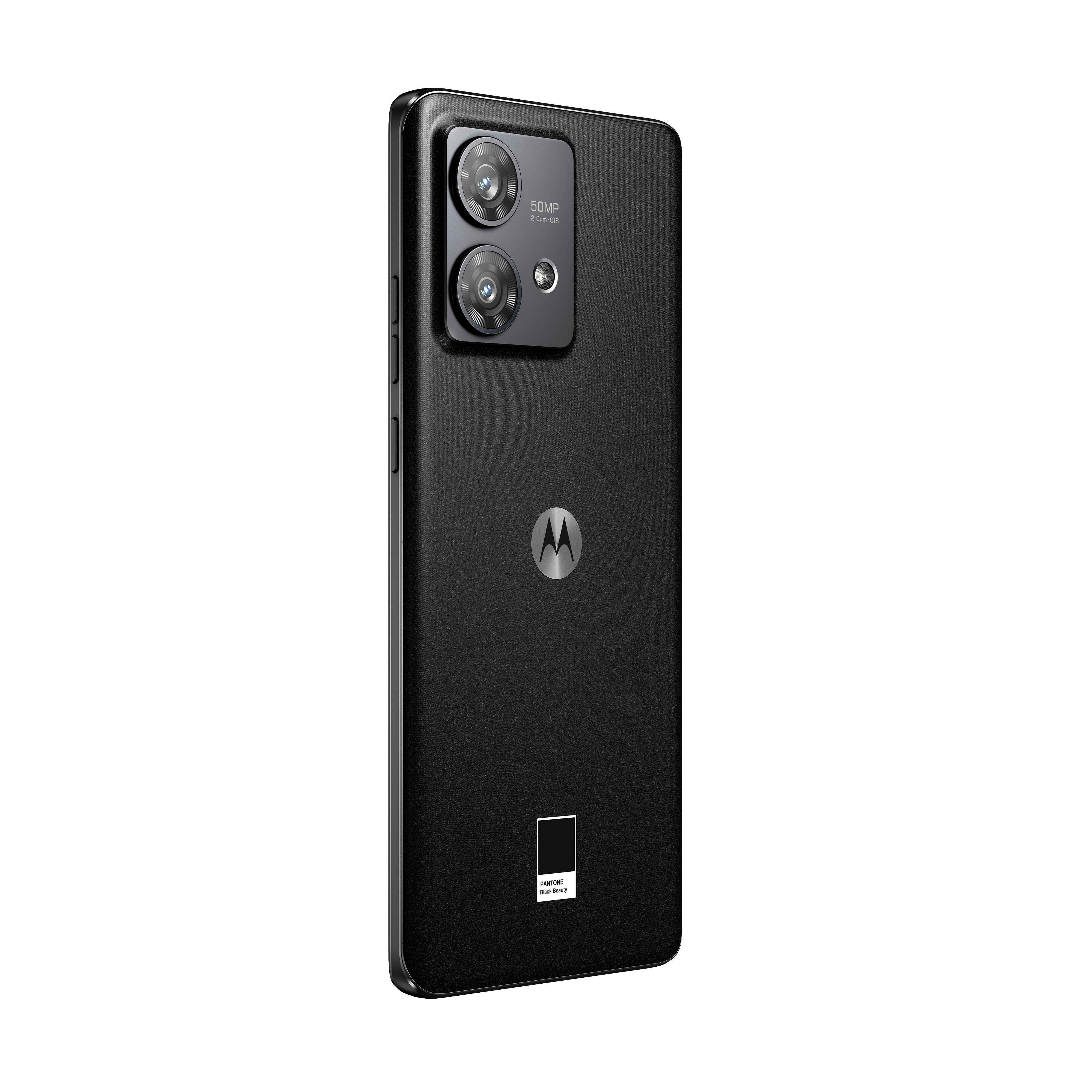 Die Rückseite eines schwarzen Telefons mit Kameralinsen, Motorola-Logo und Branding.