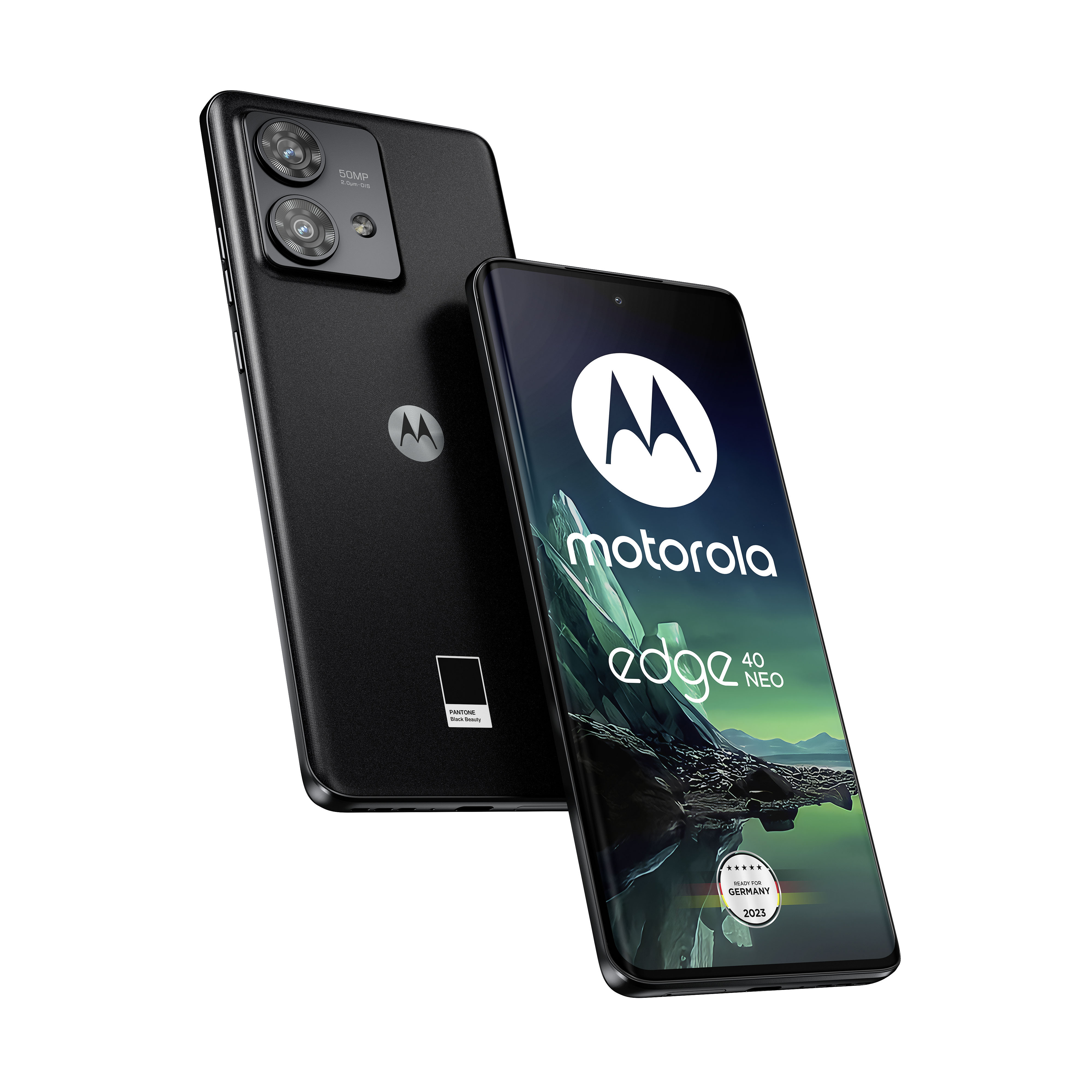 Schwarzes Motorola Edge 40 Neo, abgewinkelt, Bildschirm zeigend. Anderes Telefon auf der Rückseite.