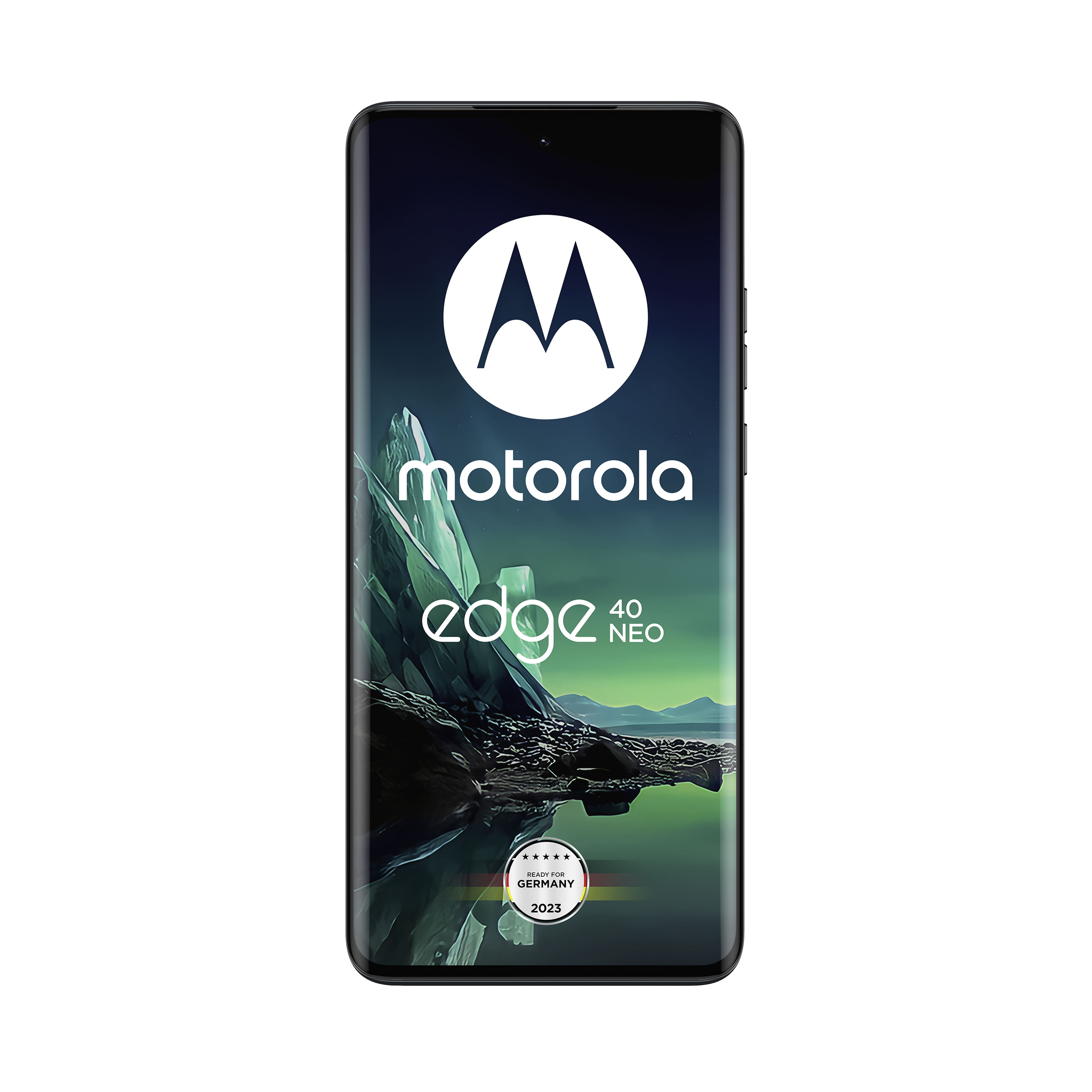 Motorola Edge 40 Neo-Telefon auf dem Display. Merkmale Logo, Text und farbenfrohen Hintergrund. Deutschland 2023.