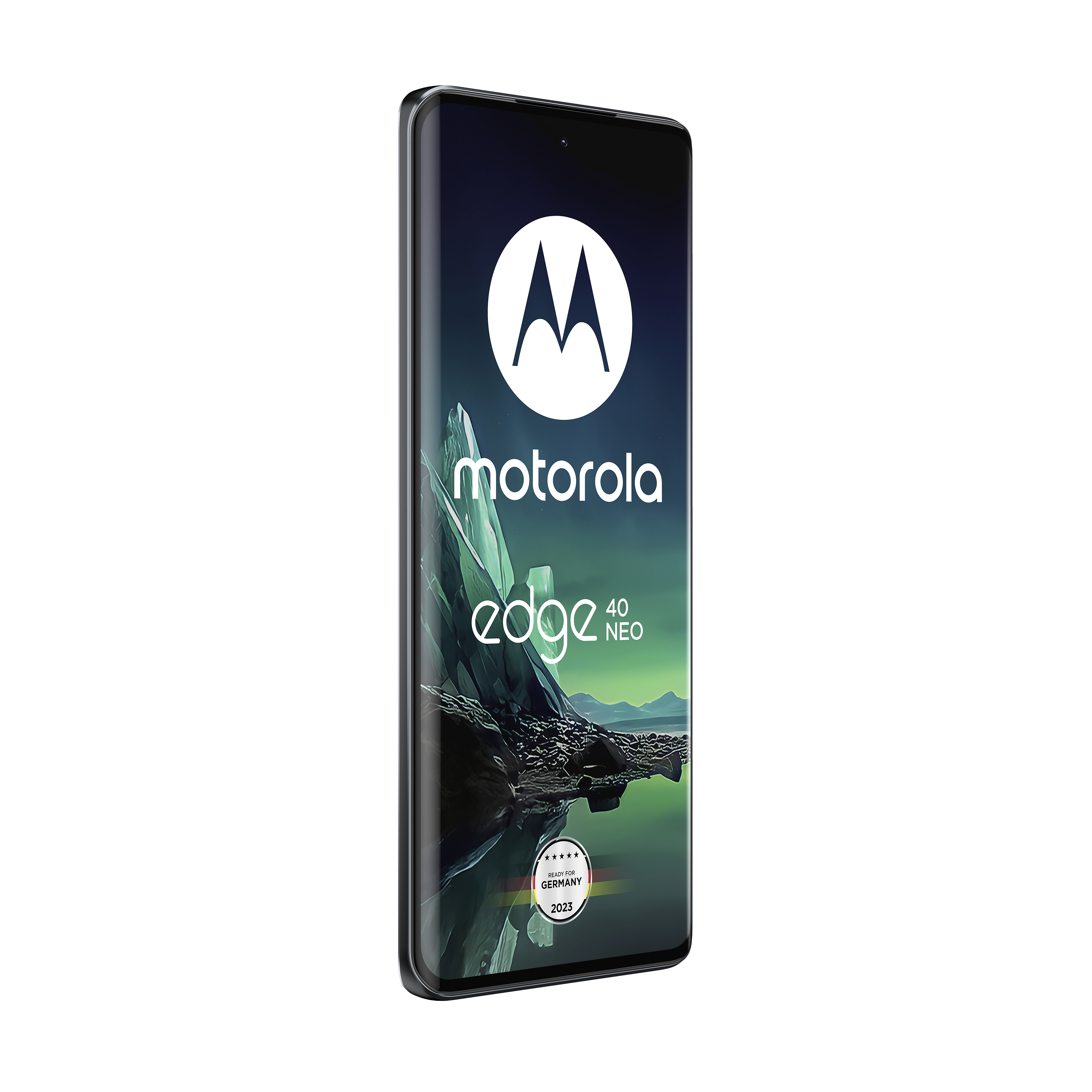 Motorola Edge 40 Neo Smartphone, schwarzer Rahmen, mit Logo auf dem Bildschirm.