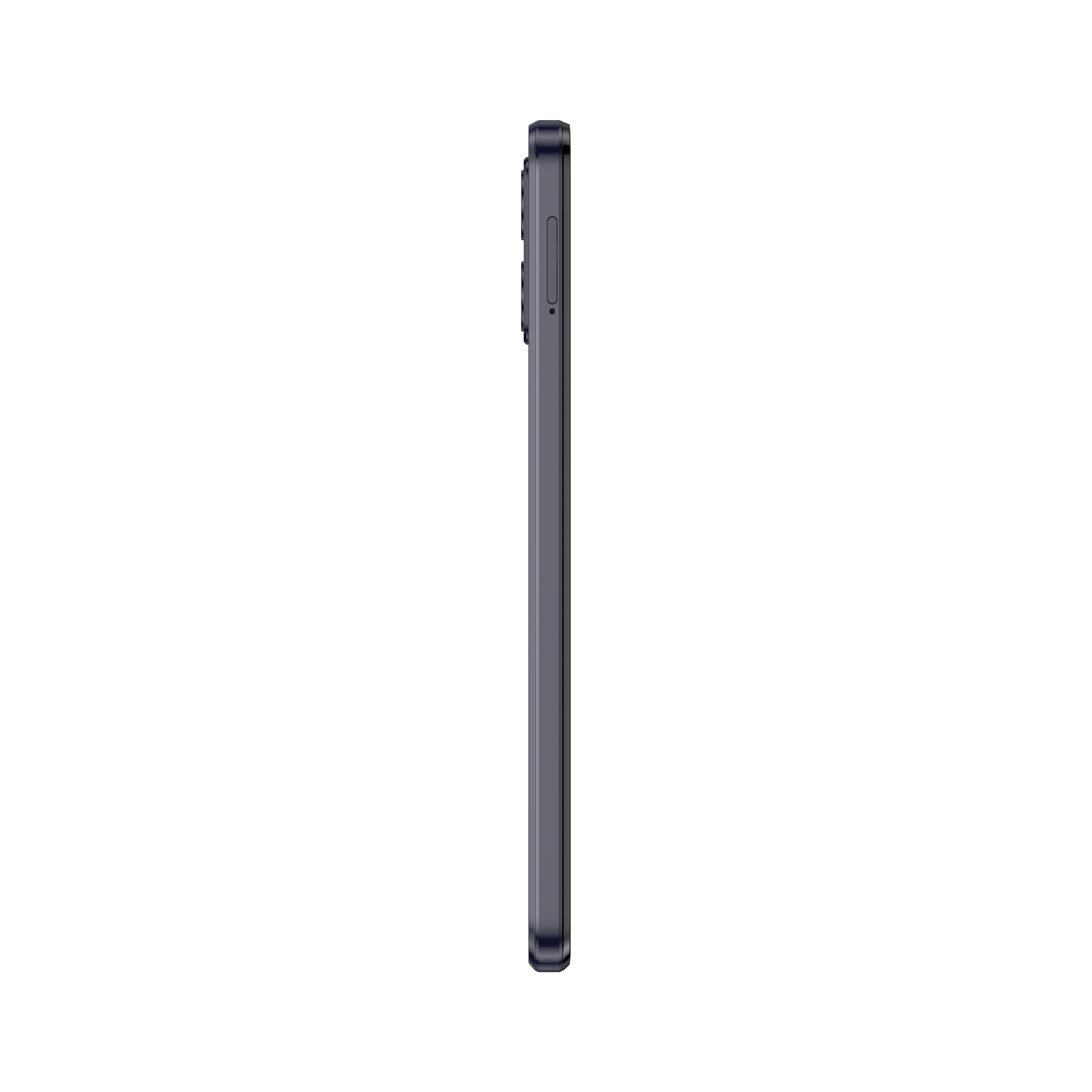 Seitenansicht eines dunkelgrauen Smartphones auf weißem Hintergrund.
