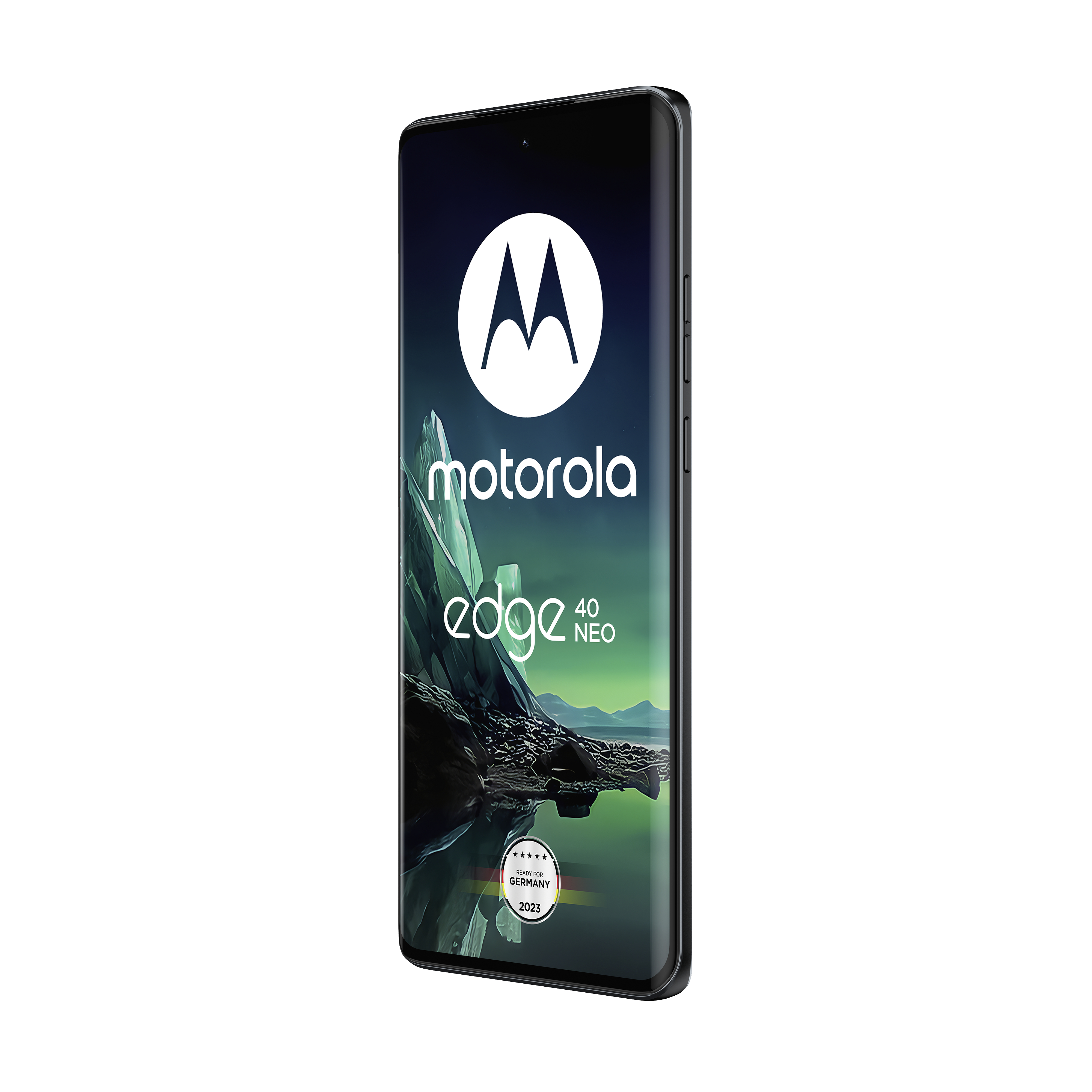 Motorola Edge 40 Neo Smartphone mit schwarzem Bildschirm.
