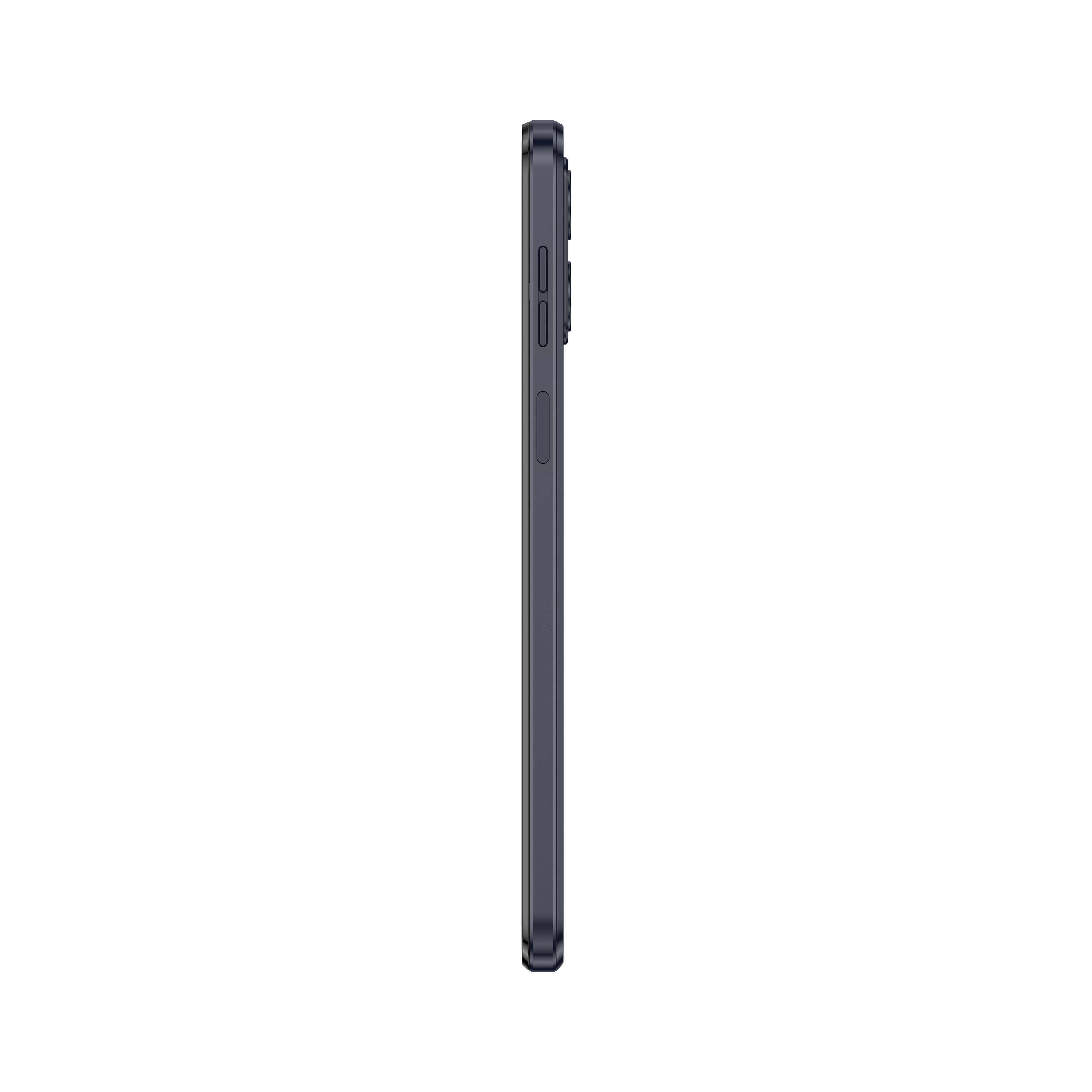 Seitenansicht eines dunkelblauen Telefons mit Seitentasten und schlankem Design.
