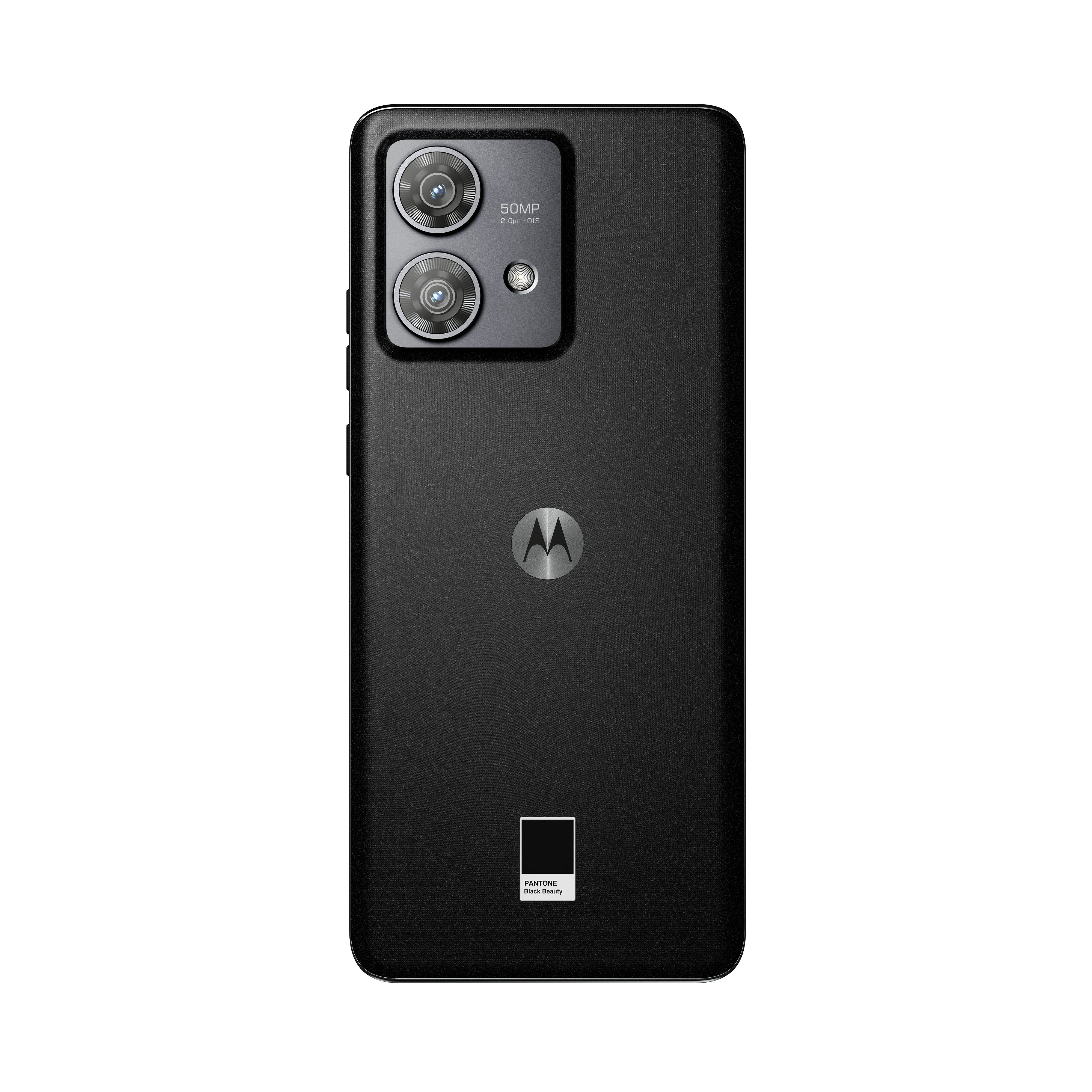 Ein schwarzes Motorola-Telefon, Rückansicht, mit Dual-Kameras und einem Pantone-Farbetikett.