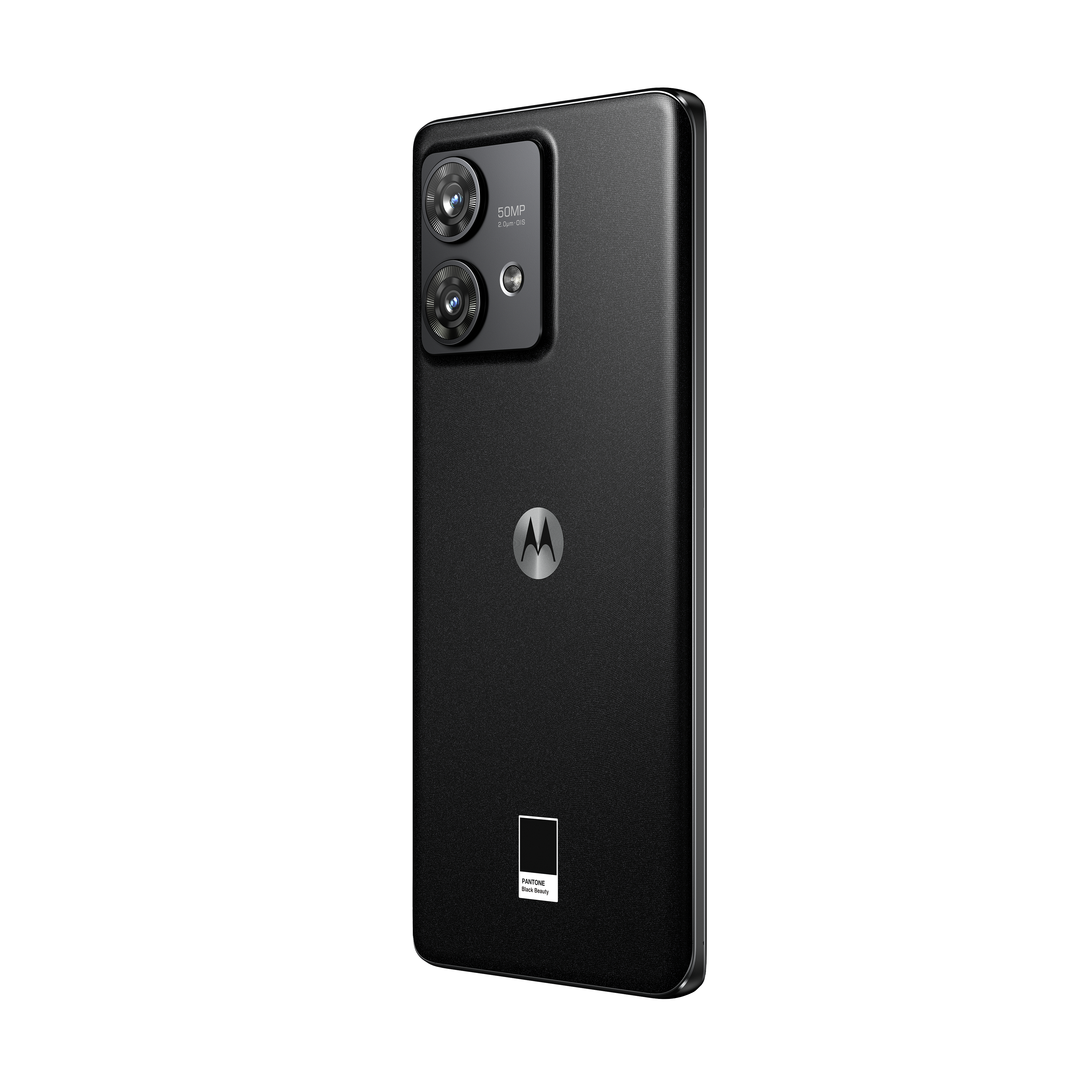 Ein schwarzes Motorola-Telefon von hinten, das die Kamera und das Logo zeigt.