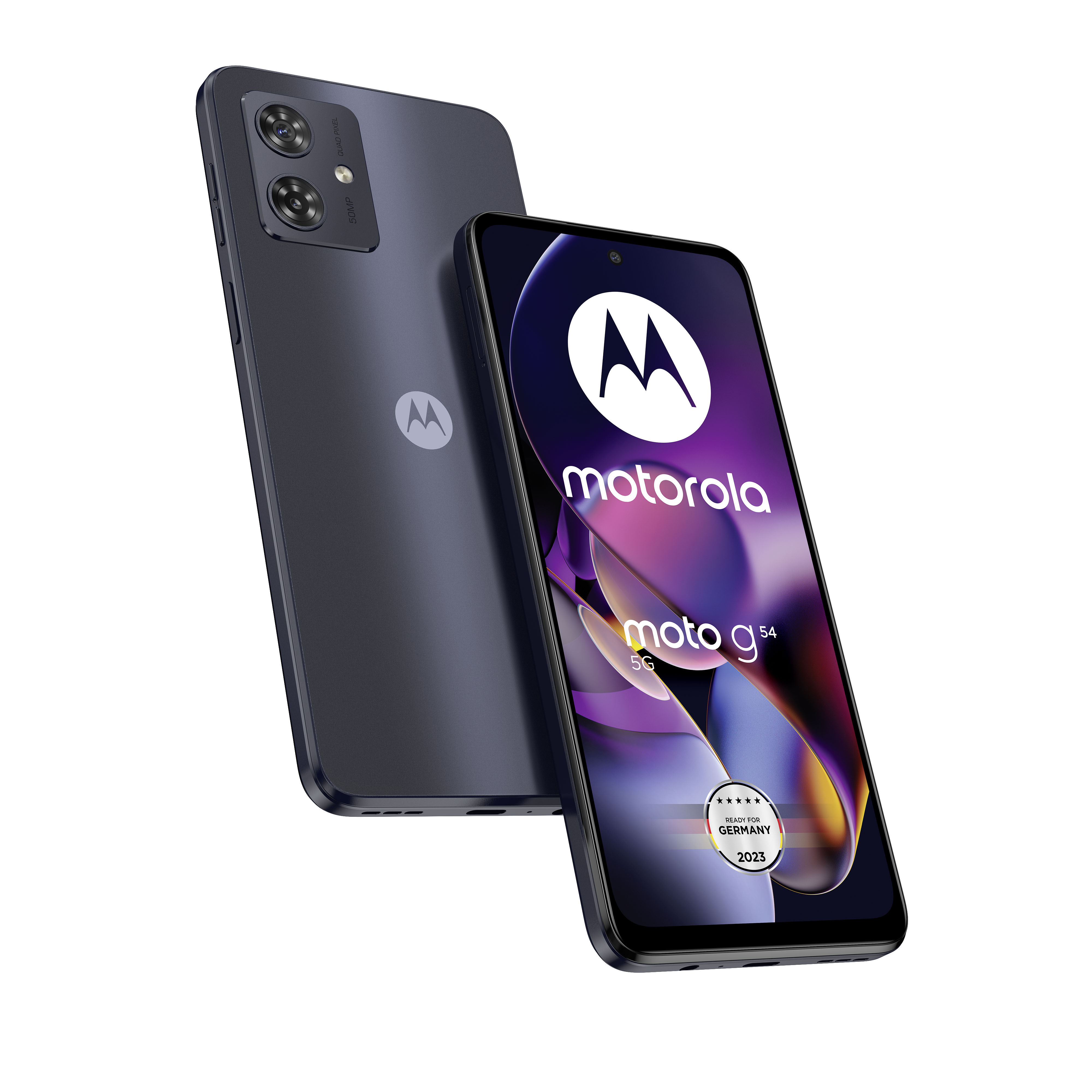 Motorola Moto G54 5G Smartphone, blaue Farbe, zwei Handys gezeigt, eins über dem anderen. Weißer Hintergrund.