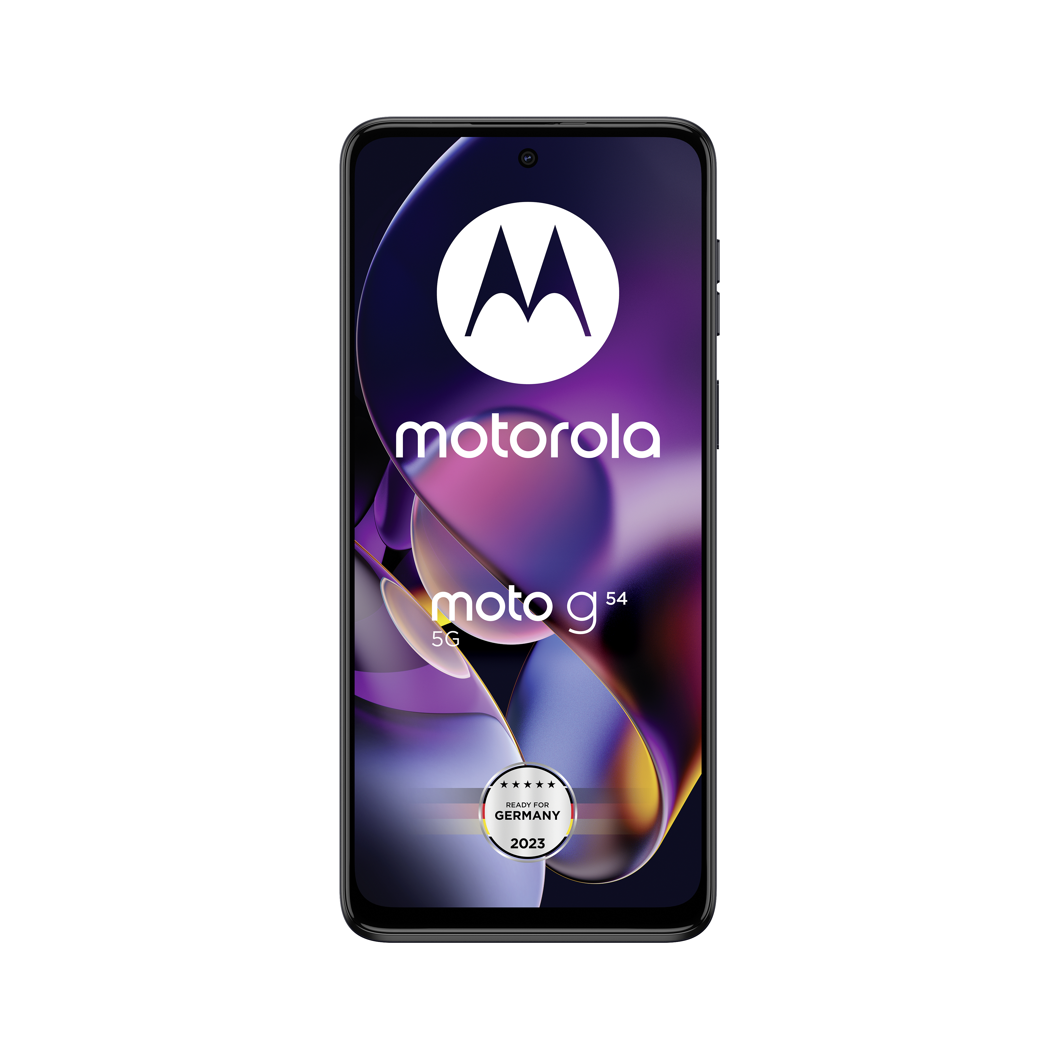 Motorola Moto g54 5G-Telefon mit Bildschirm, der eine Grafik und das Motorola-Logo anzeigt.