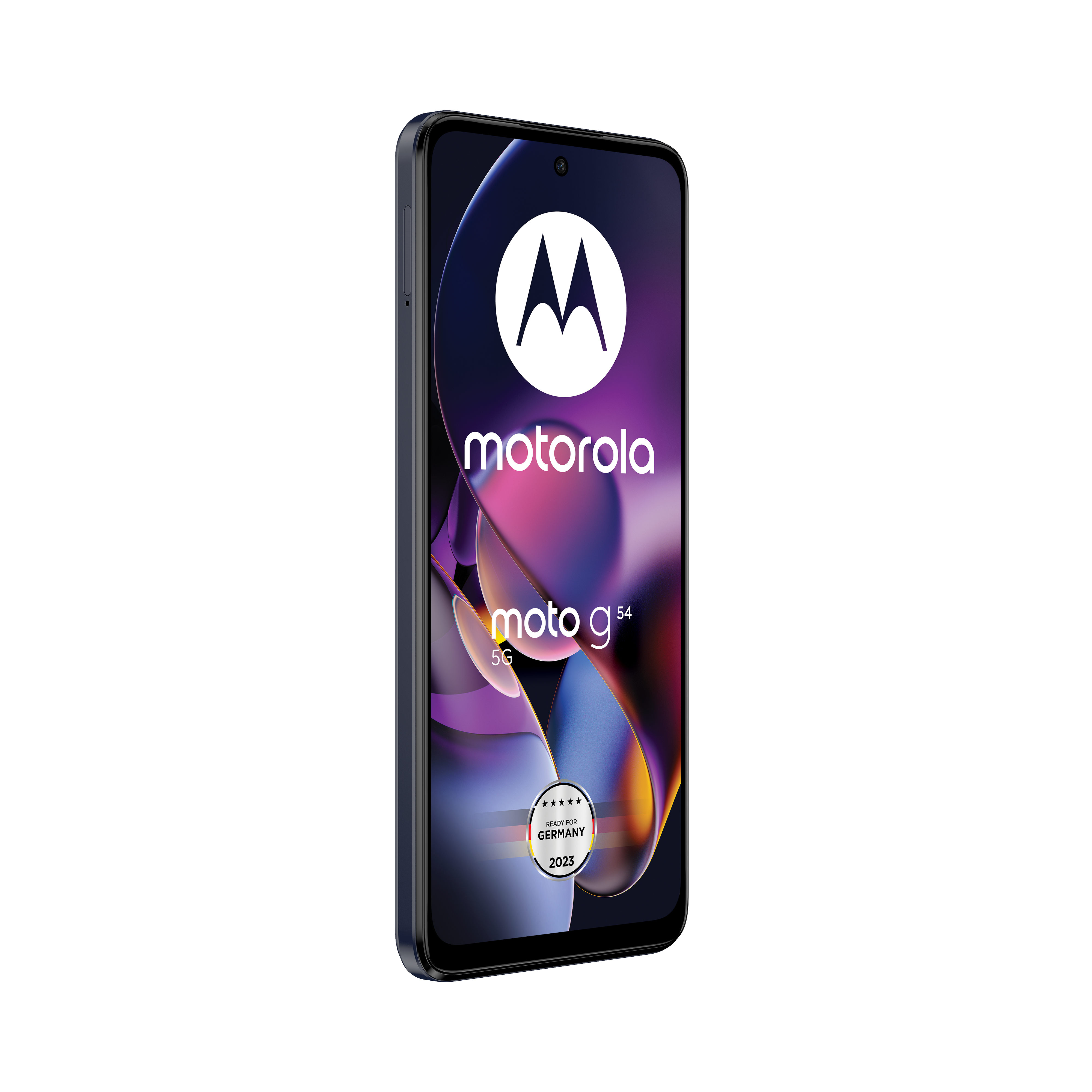 Motorola Moto g54 5G-Telefon. Schwarzer Bildschirm zeigt Logo, lila Hintergrund.